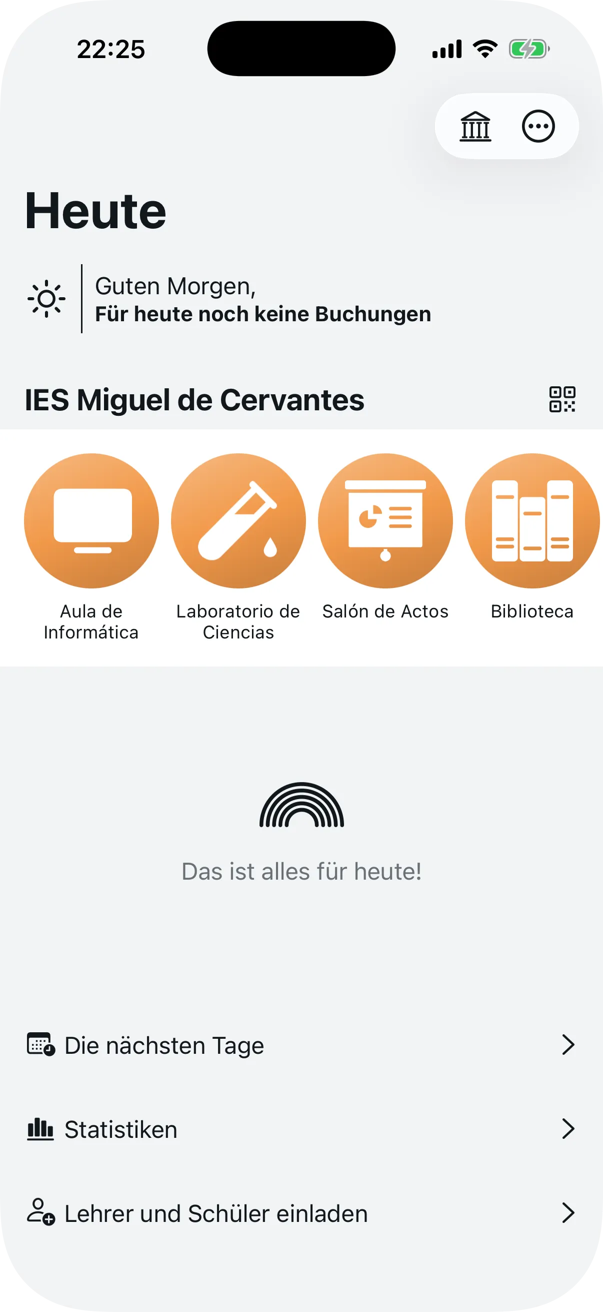 Administrations-Dashboard mit Agenden-Karussell und Buchungen des Tages