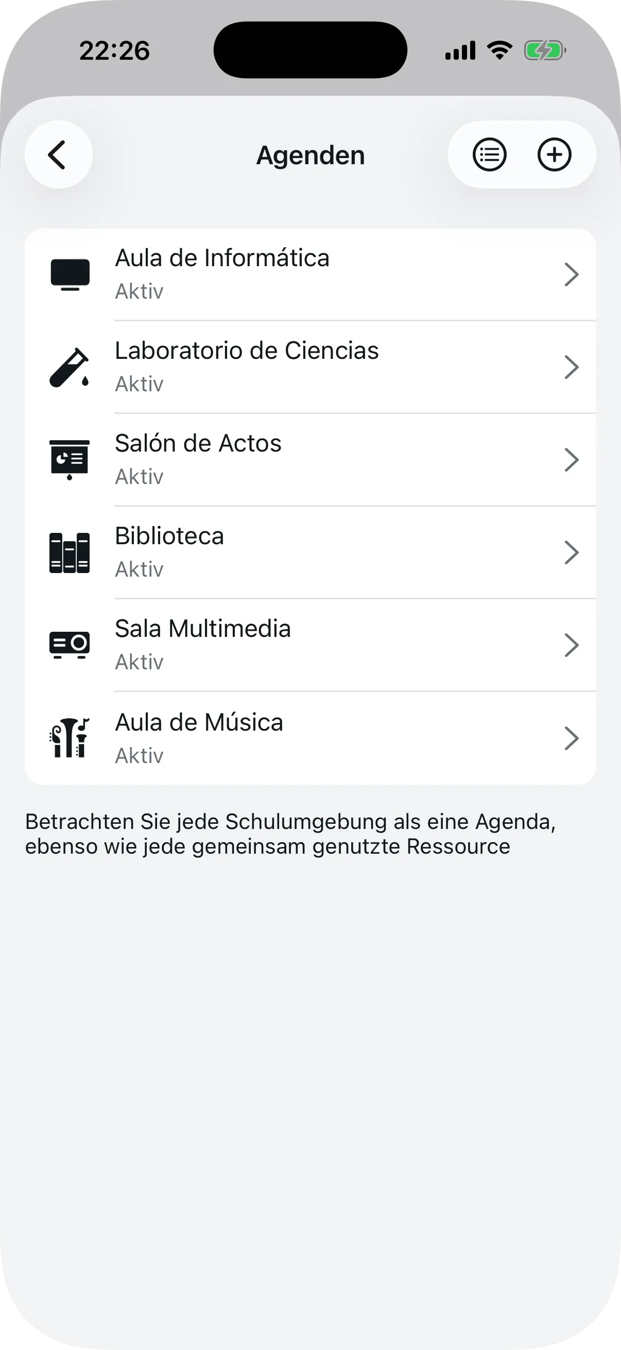 Bildschirm zur Agenda-Erstellung mit Titelfeld und Symbolauswahl