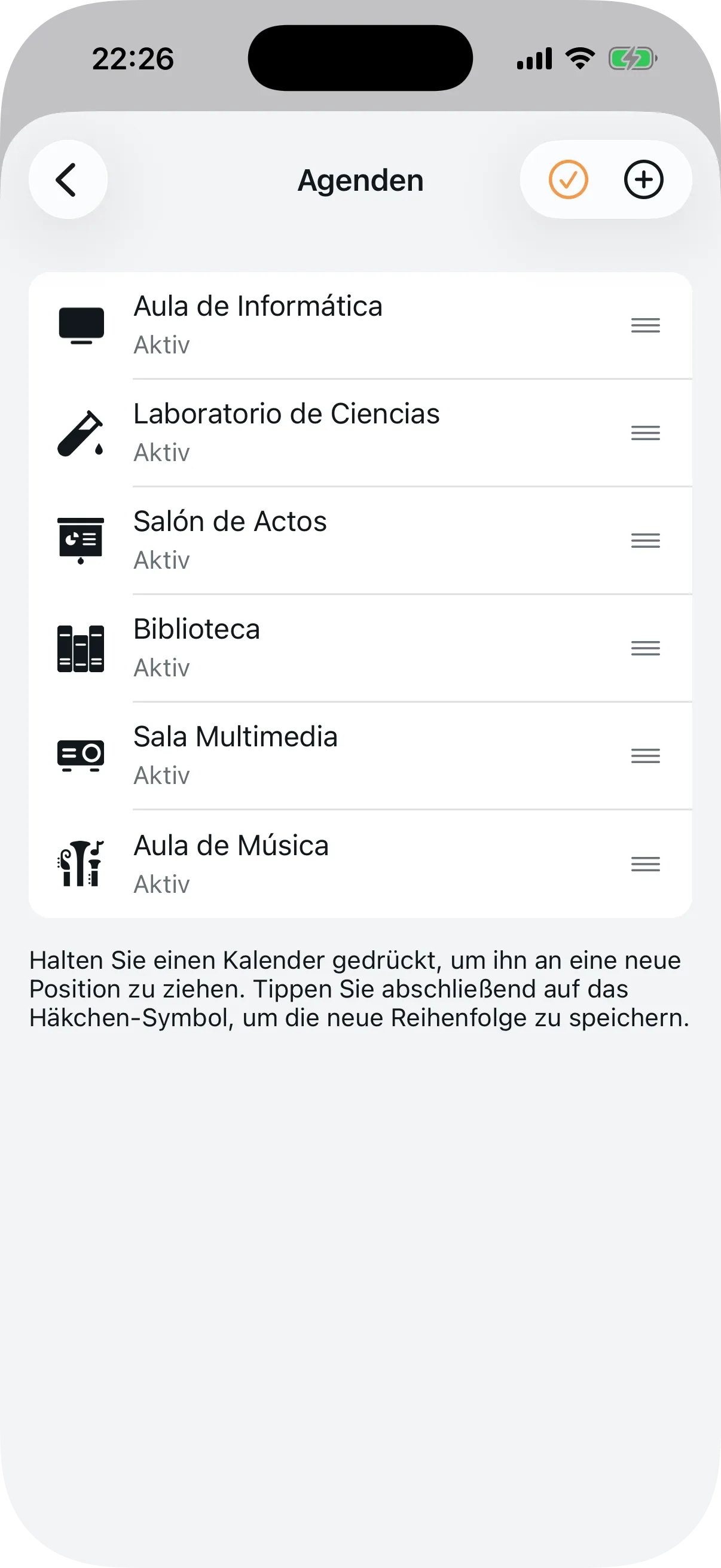 Liste der erstellten Agenden mit Symbolen und Status