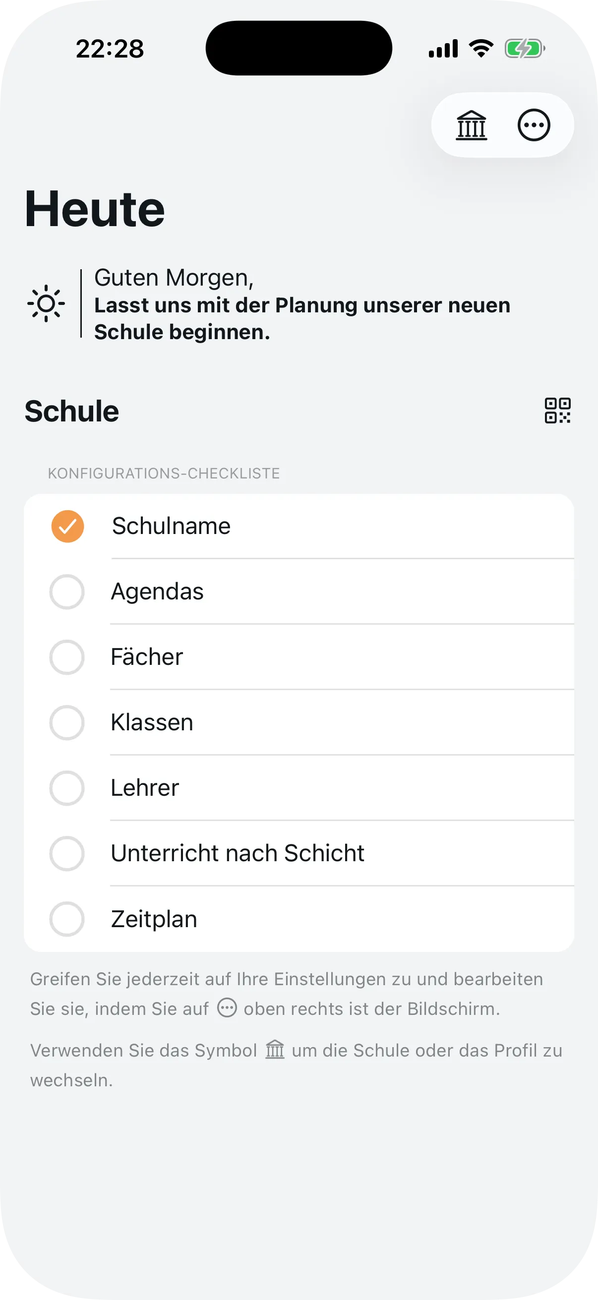 Konfigurationscheckliste im Administrations-Dashboard mit 7 offenen Punkten