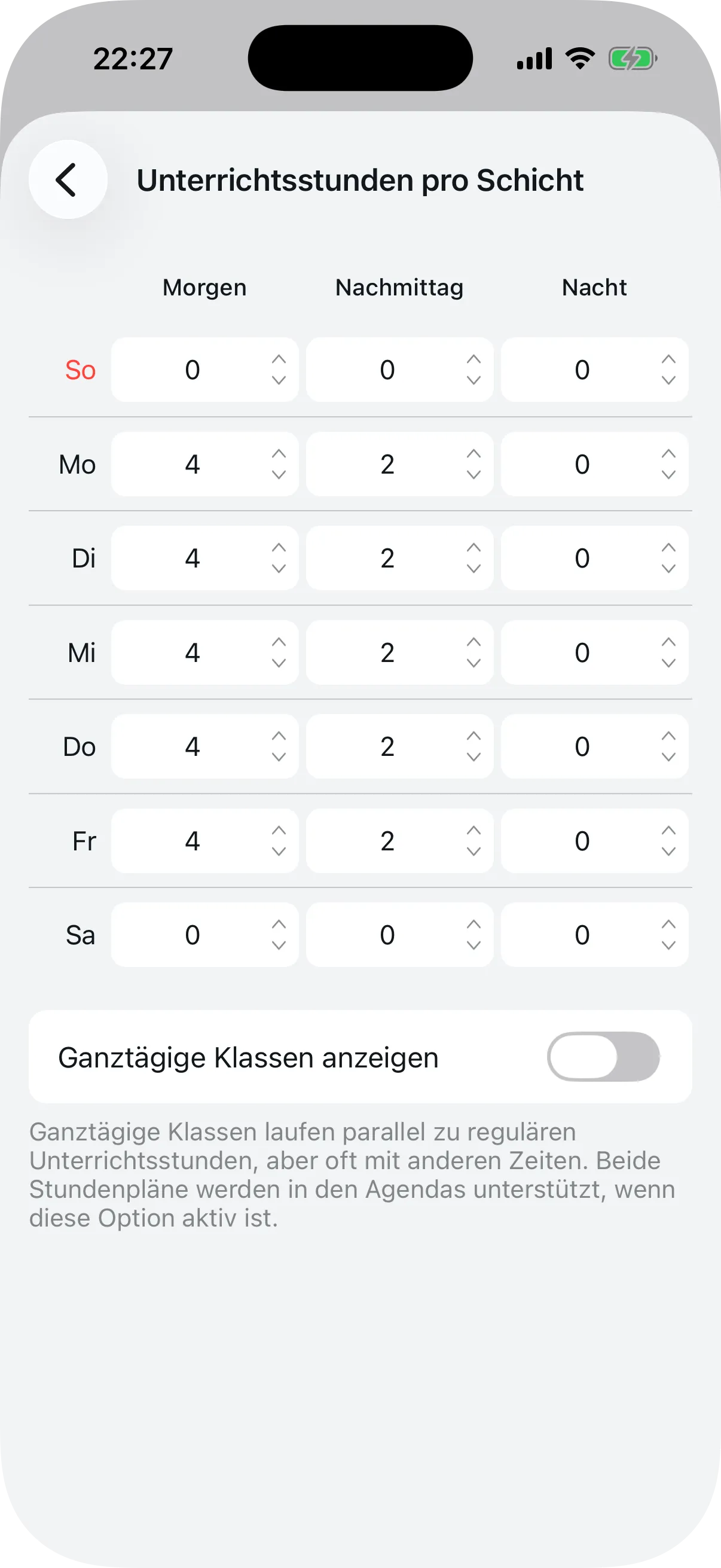 Tabelle der Unterrichtsstunden pro Schicht mit Wochentagen und Schichtspalten