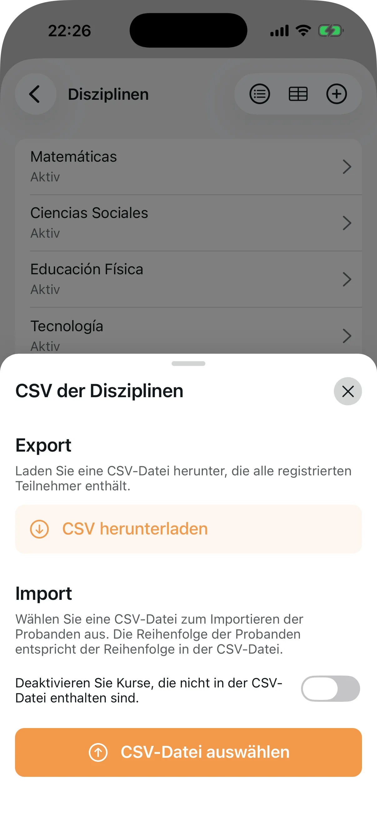 Import- und Export-Dialog für Fächer per CSV-Datei