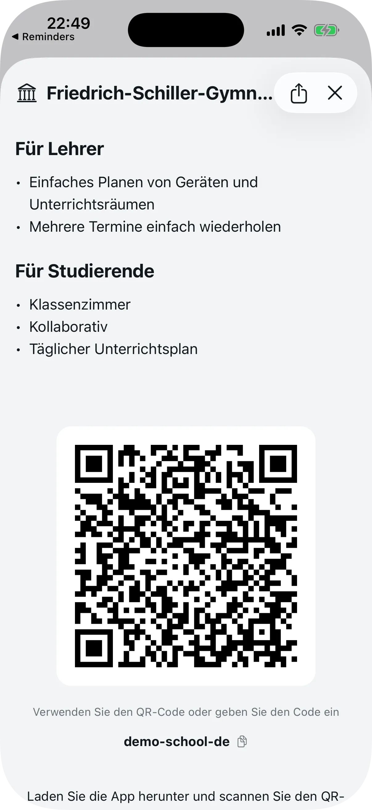 QR-Code-Bildschirm zum Einladen von Lehrkräften und Schülern