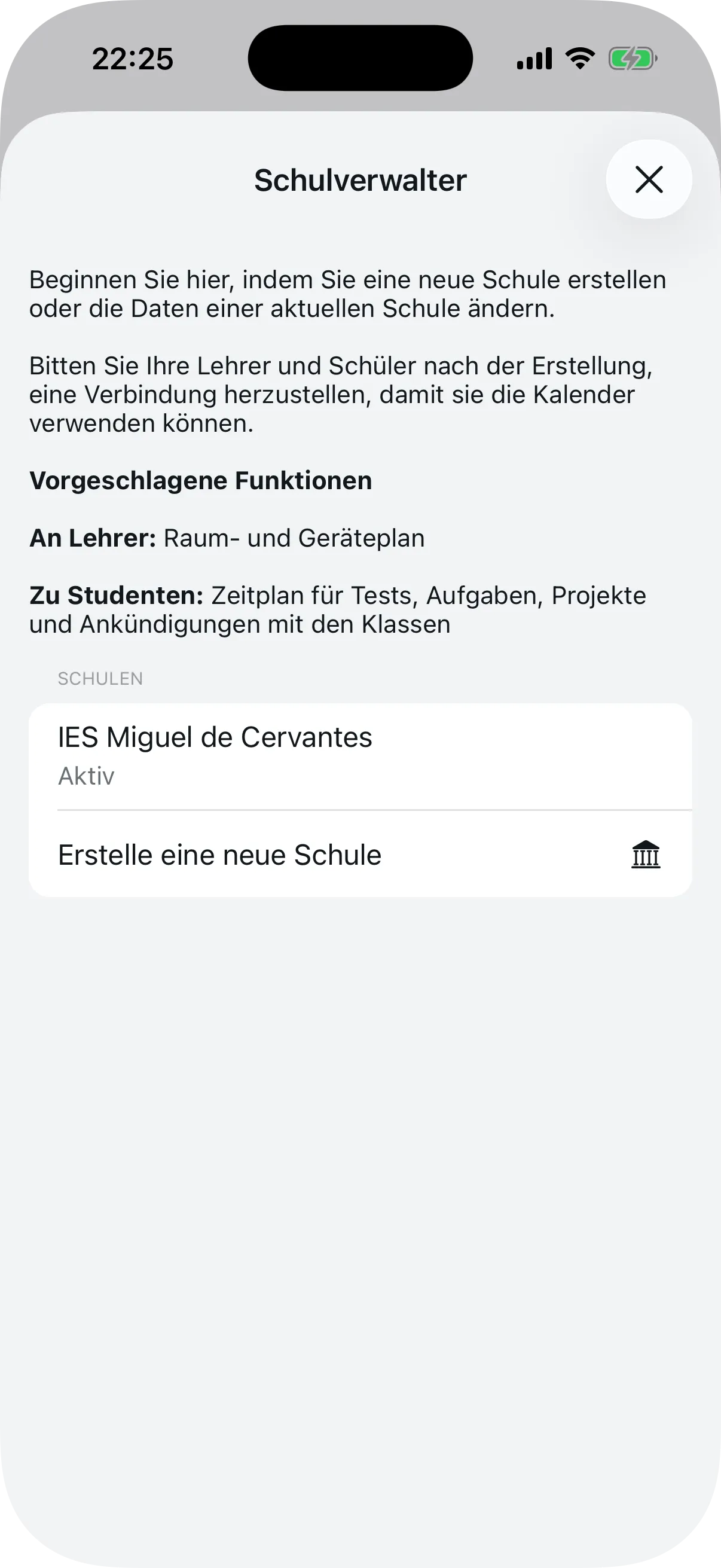 Schulverwaltung mit der Option, eine neue Schule zu erstellen