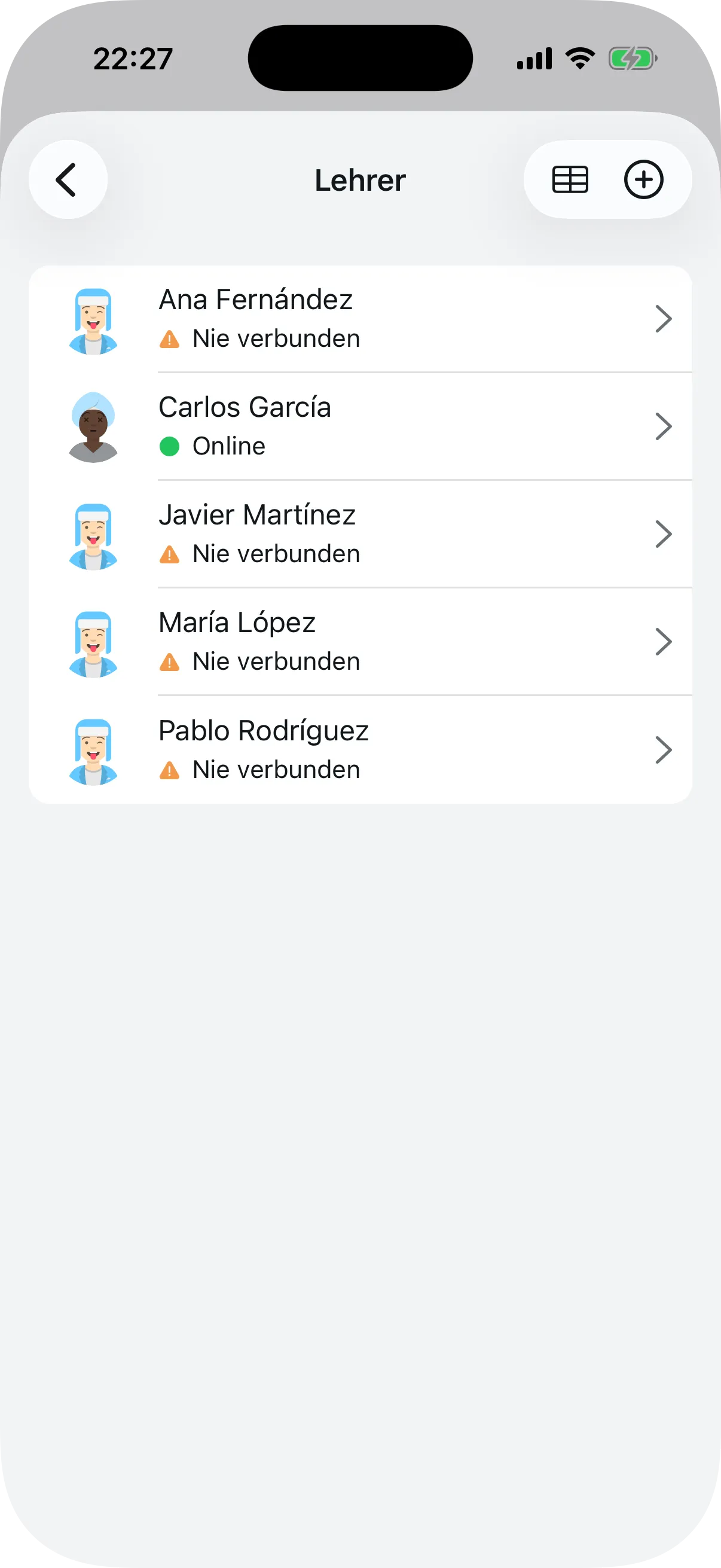 Lehrerliste mit Verbindungsstatus-Anzeige