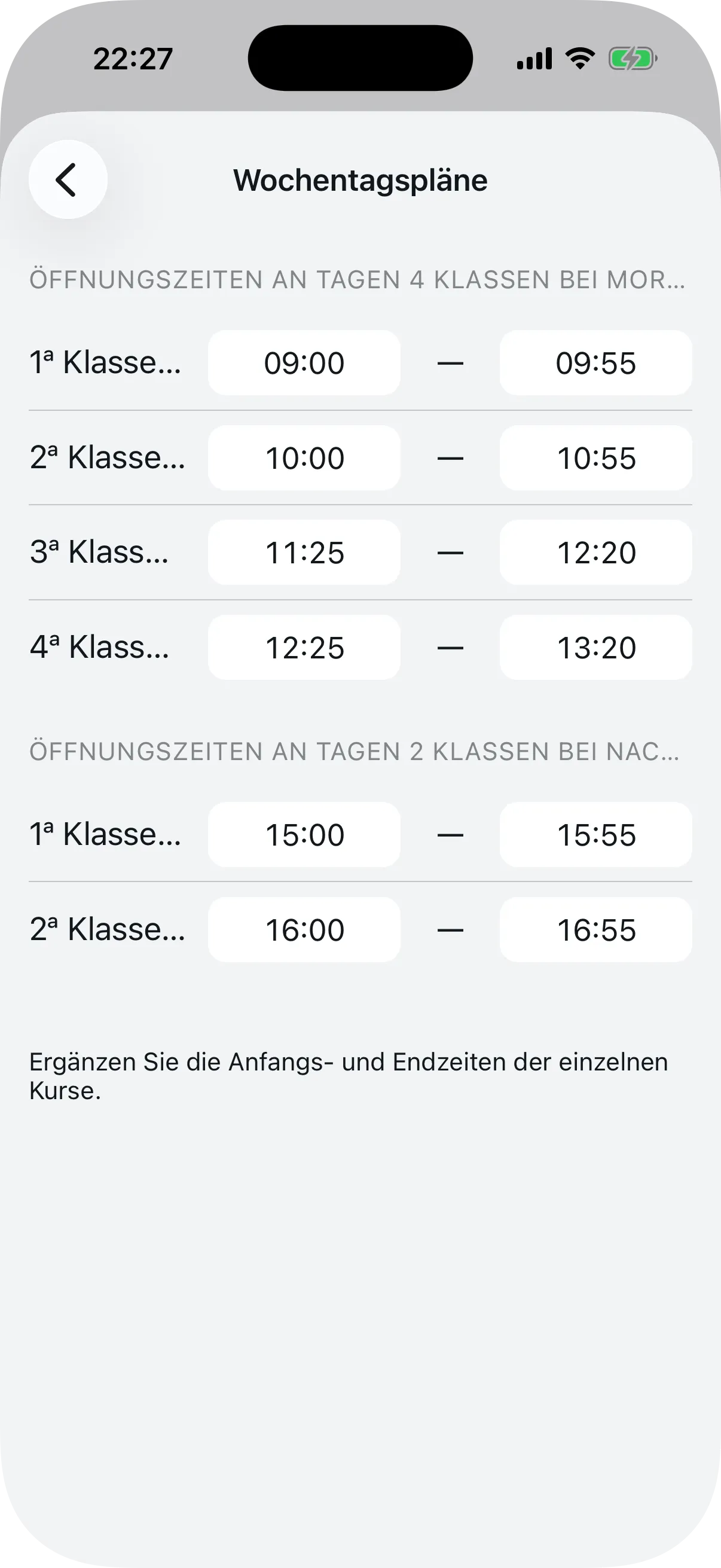 Wochentagspläne mit Anfangs- und Endzeiten für jede Unterrichtsstunde