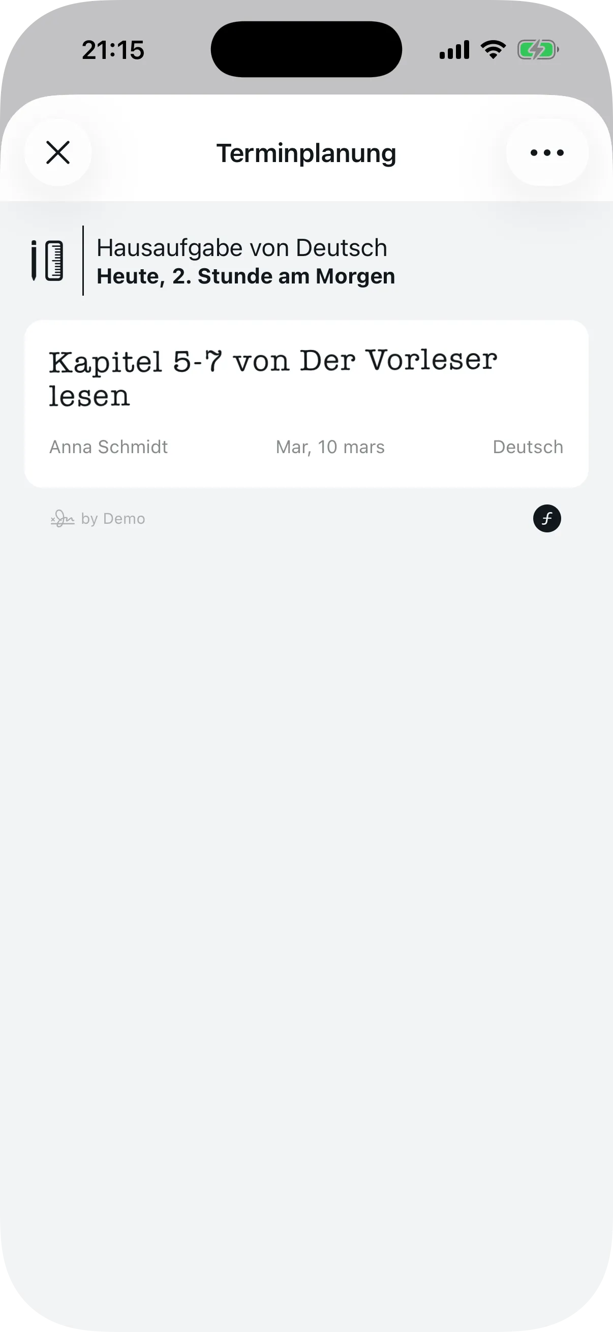 Detail eines Termins mit Titel, Fach, Lehrer und Datum