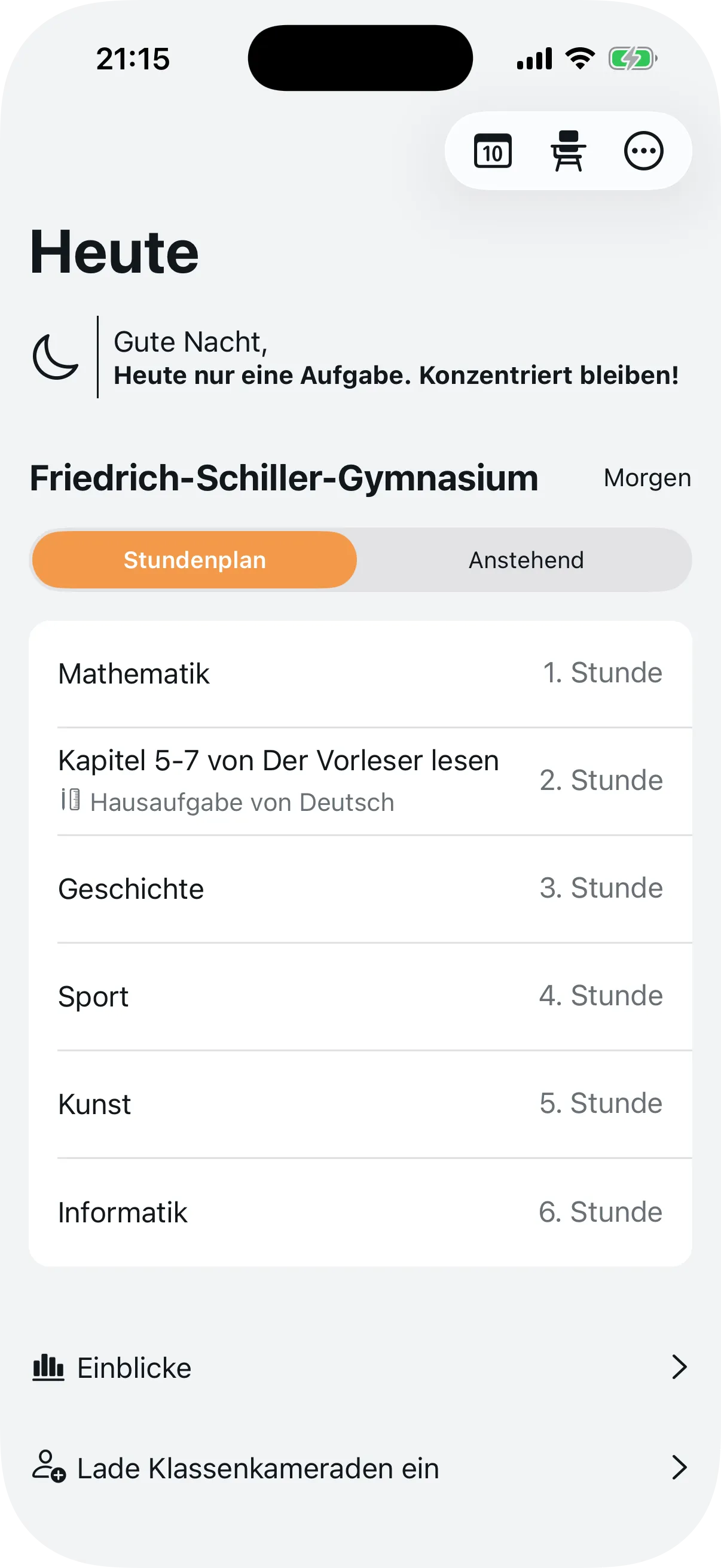 Schülerpanel mit dem Stundenplan und Fächern des Tages