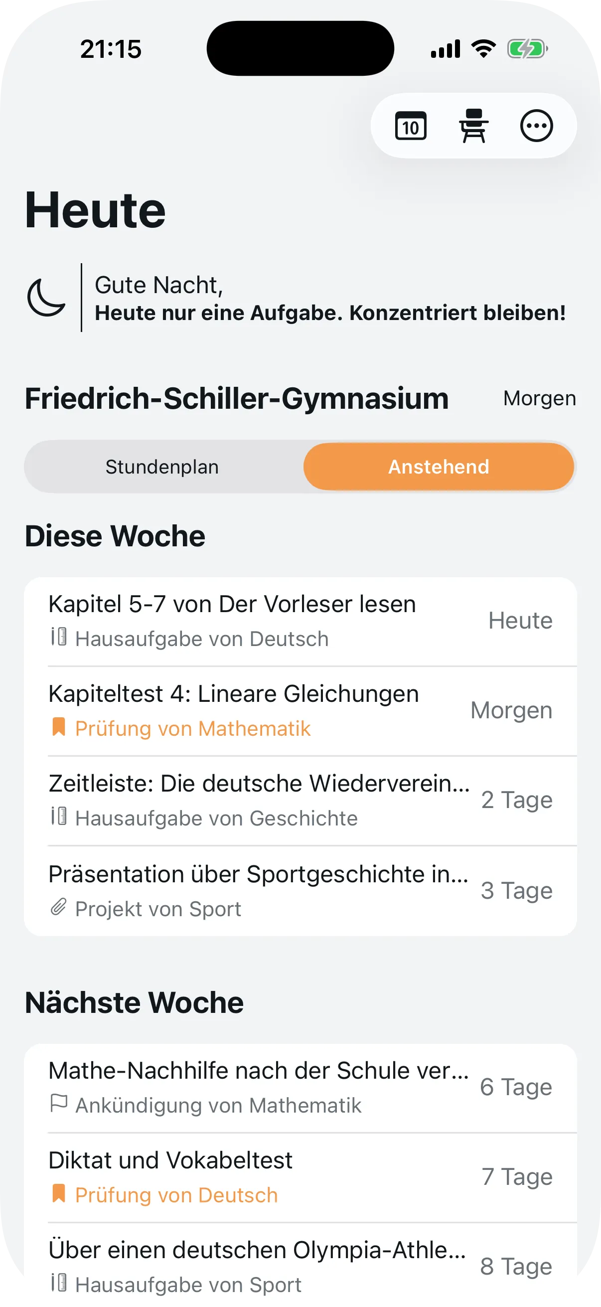 Anstehend-Ansicht mit zukünftigen Terminen nach Woche sortiert
