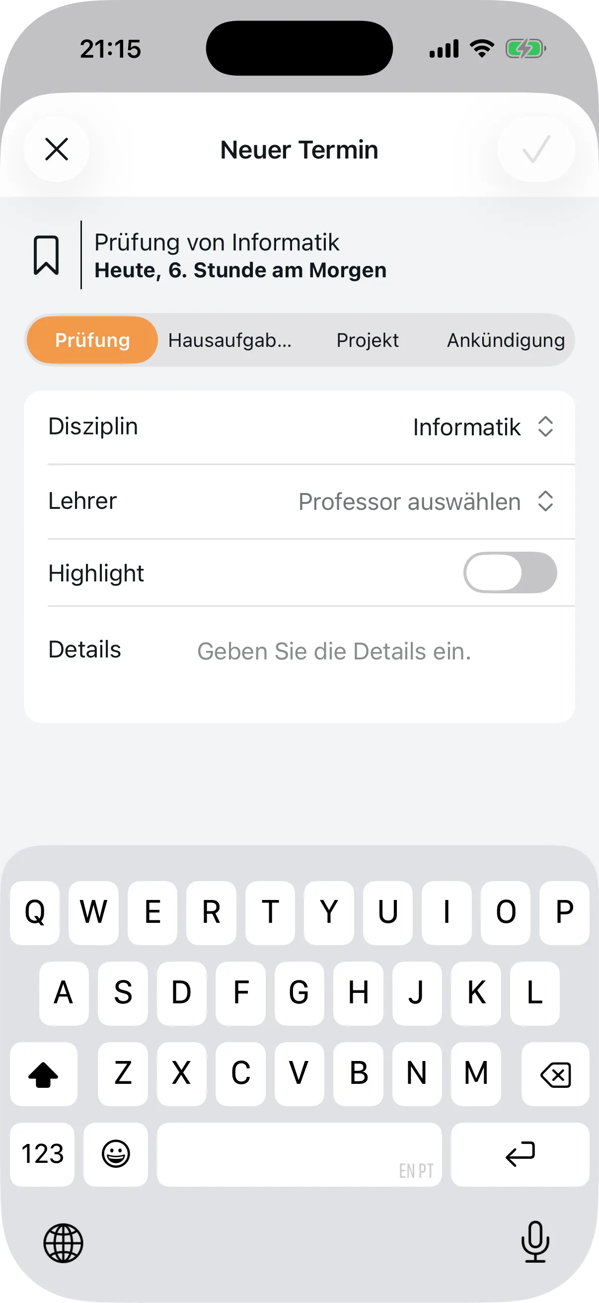 Formular für neuen Termin mit Kategorie, Fach, Lehrer und Details