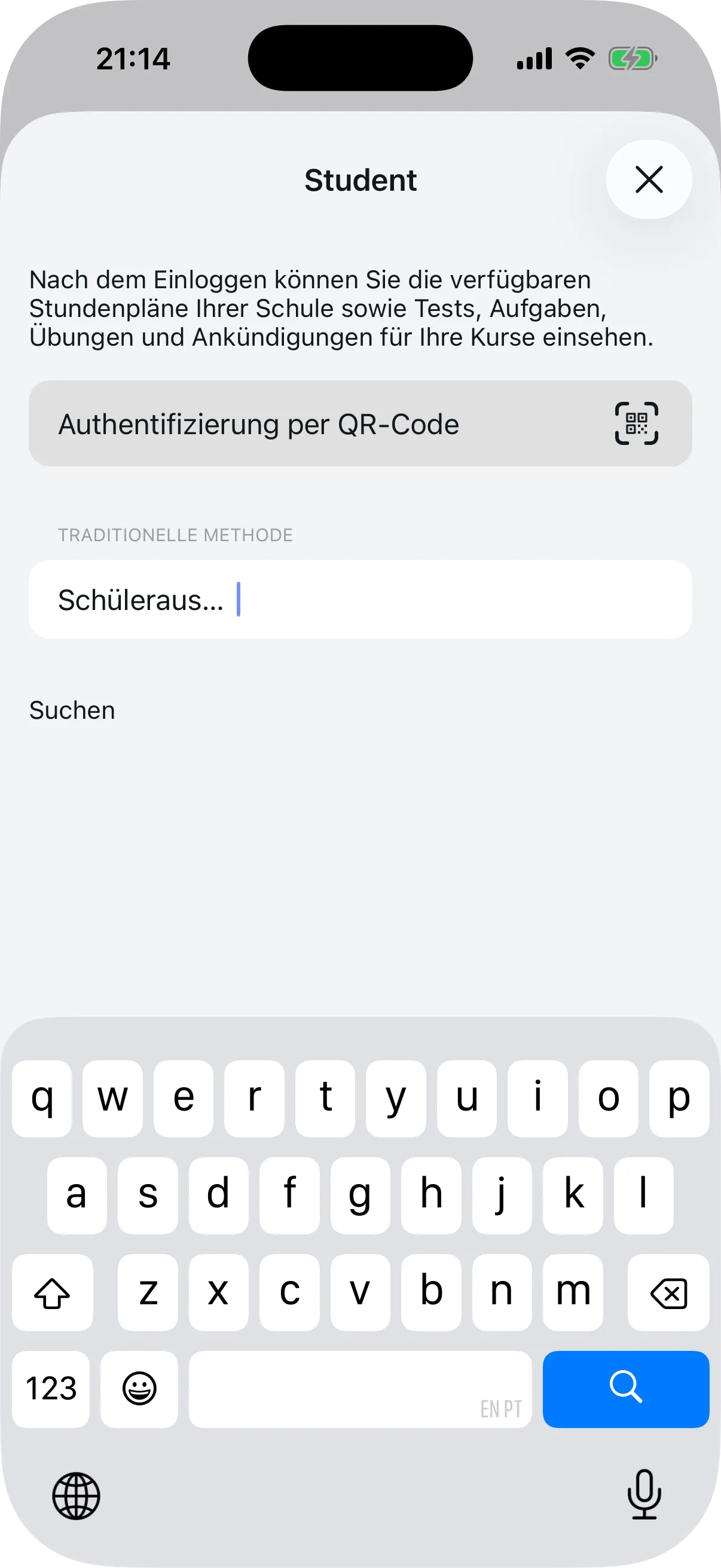 Verbindungsbildschirm des Schülers mit QR-Code und Schulcode-Optionen