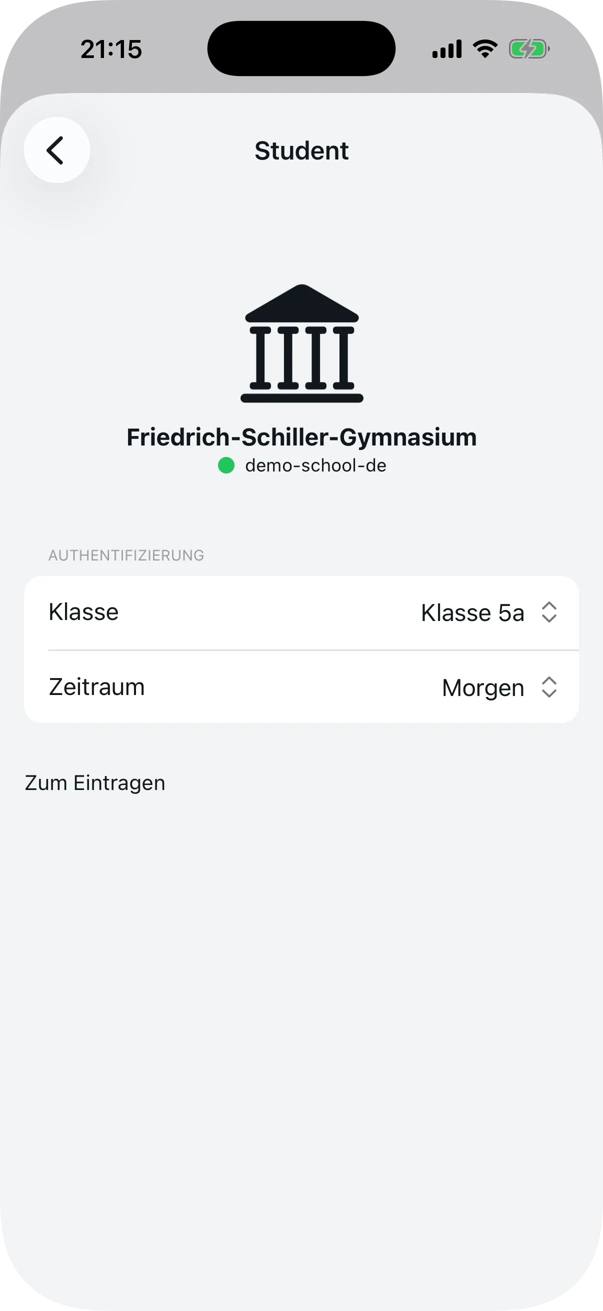 Bestätigungsbildschirm der Schule mit Klassen- und Zeitraumauswahl