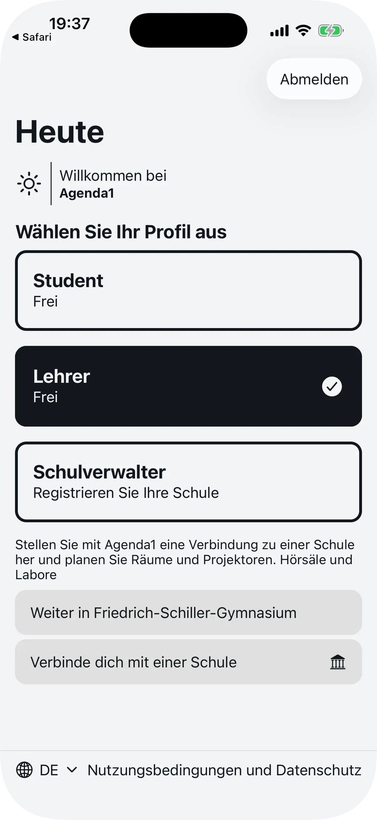 Startbildschirm von Agenda1 mit ausgewähltem Lehrer-Profil und Verbindungsbutton
