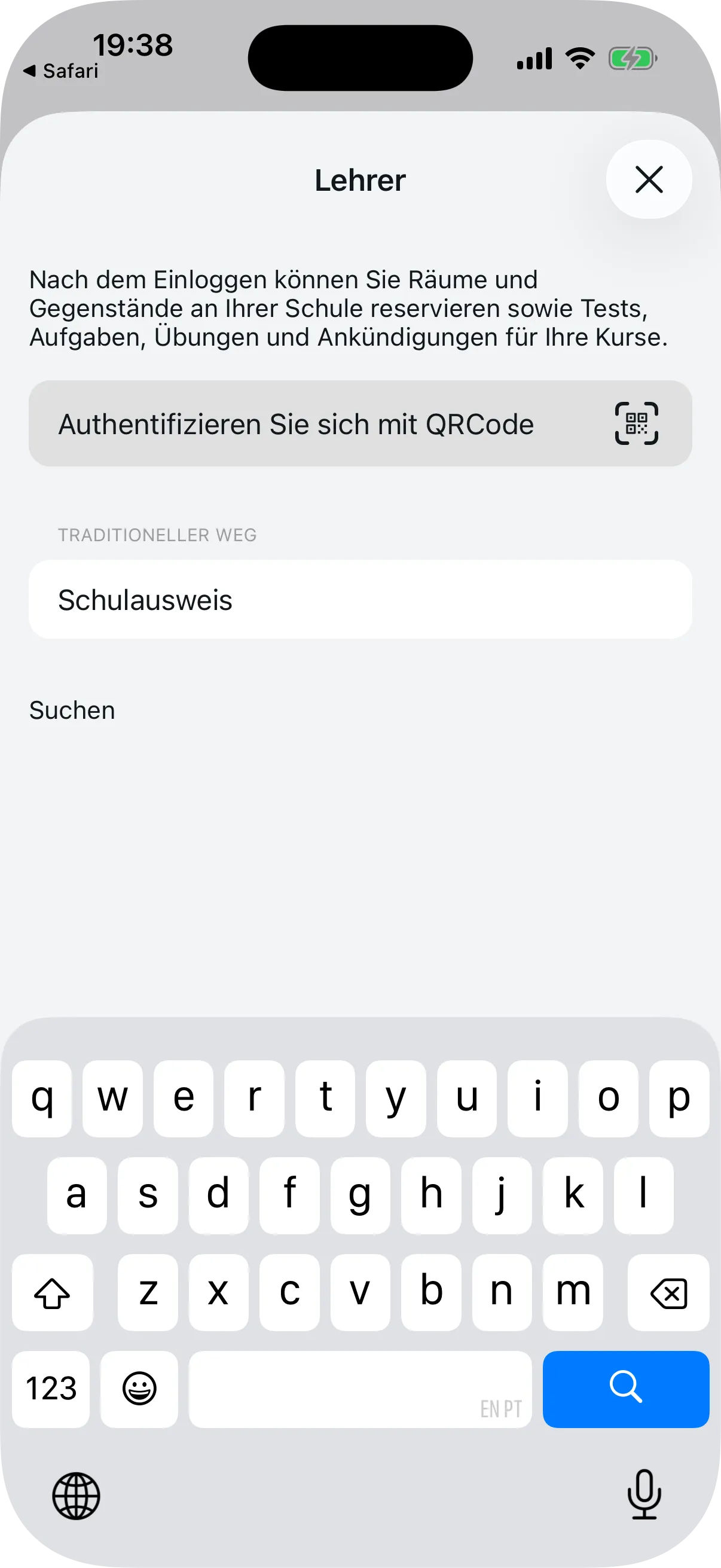 Onboarding-Bildschirm der Lehrkraft mit Optionen QR-Code und Traditioneller Weg