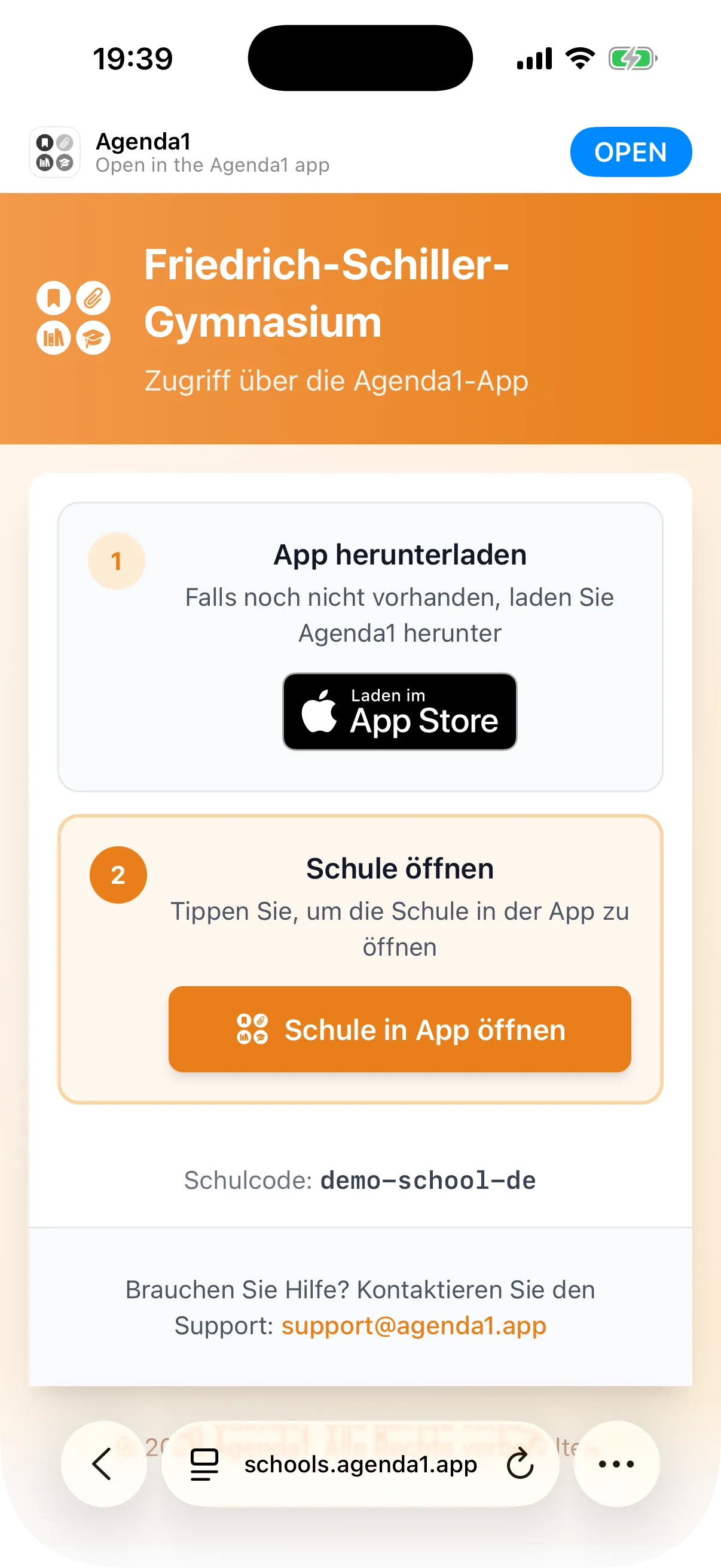 Seite schools.agenda1.app im Browser mit Schulname und Download-Buttons