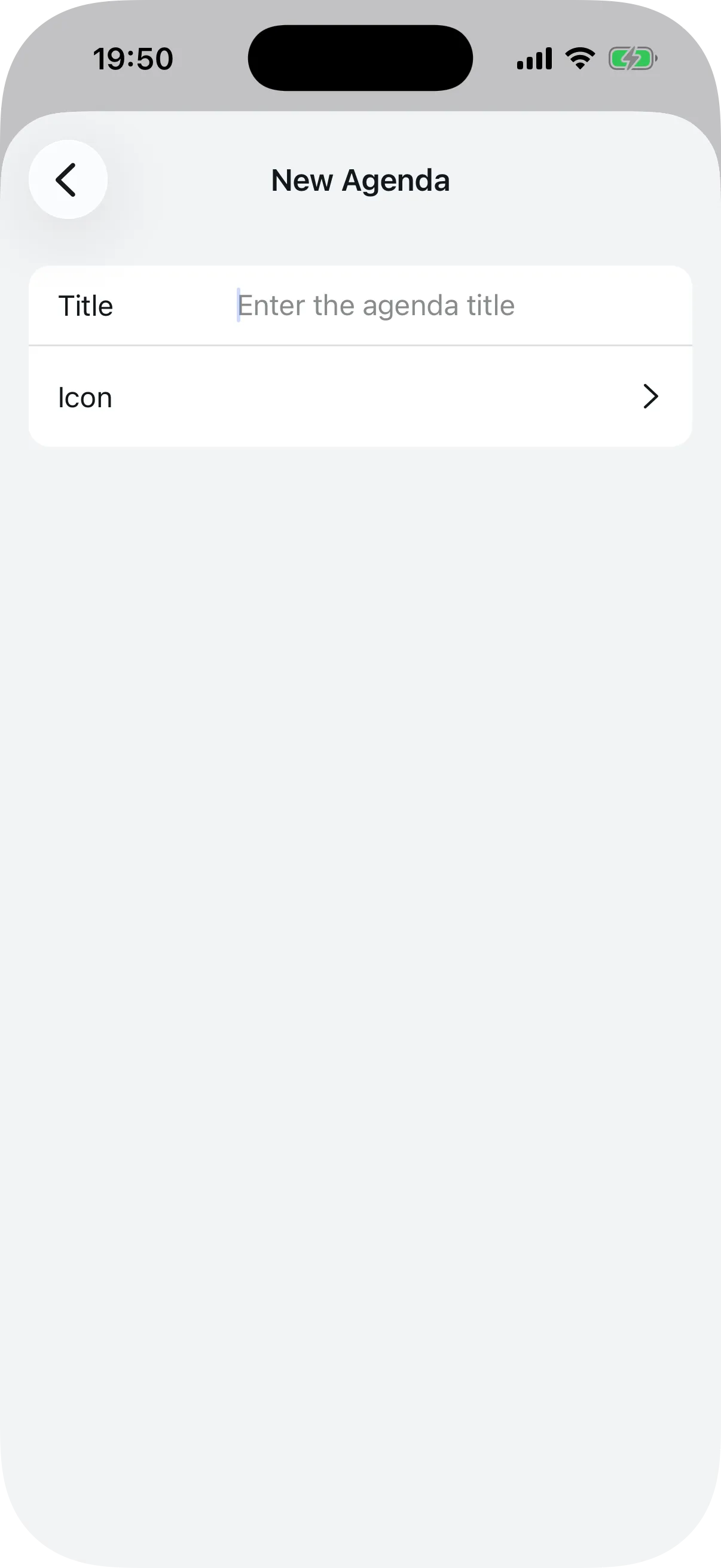 Agenda creation screen with title field and icon selection