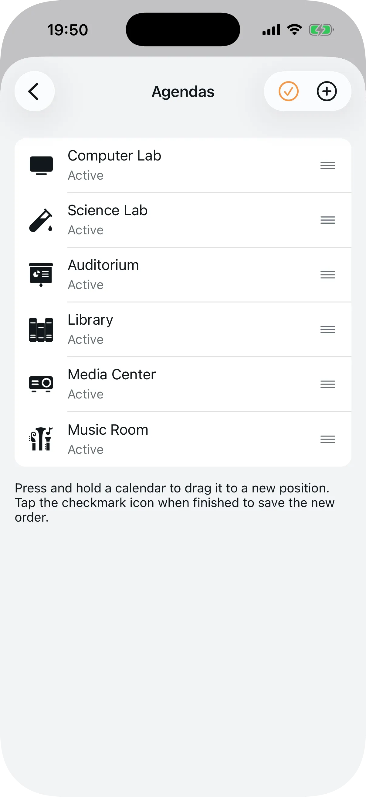 Agenda reorder mode with drag handles