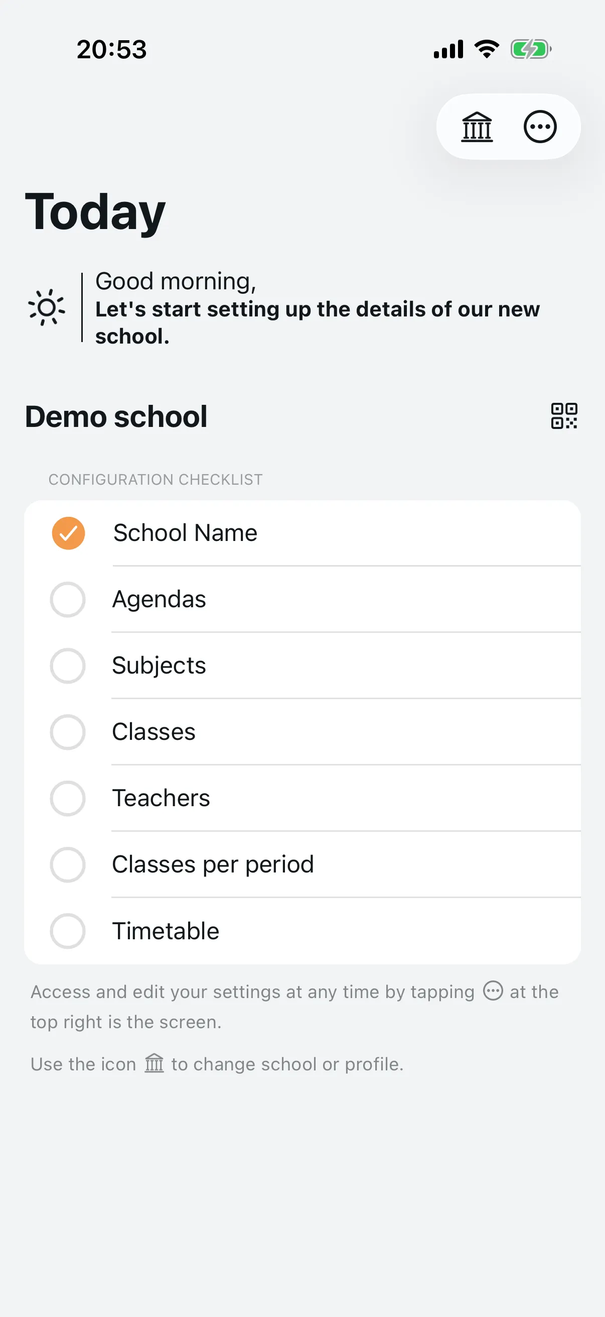 Configuration checklist on the administrator dashboard with 7 items to complete