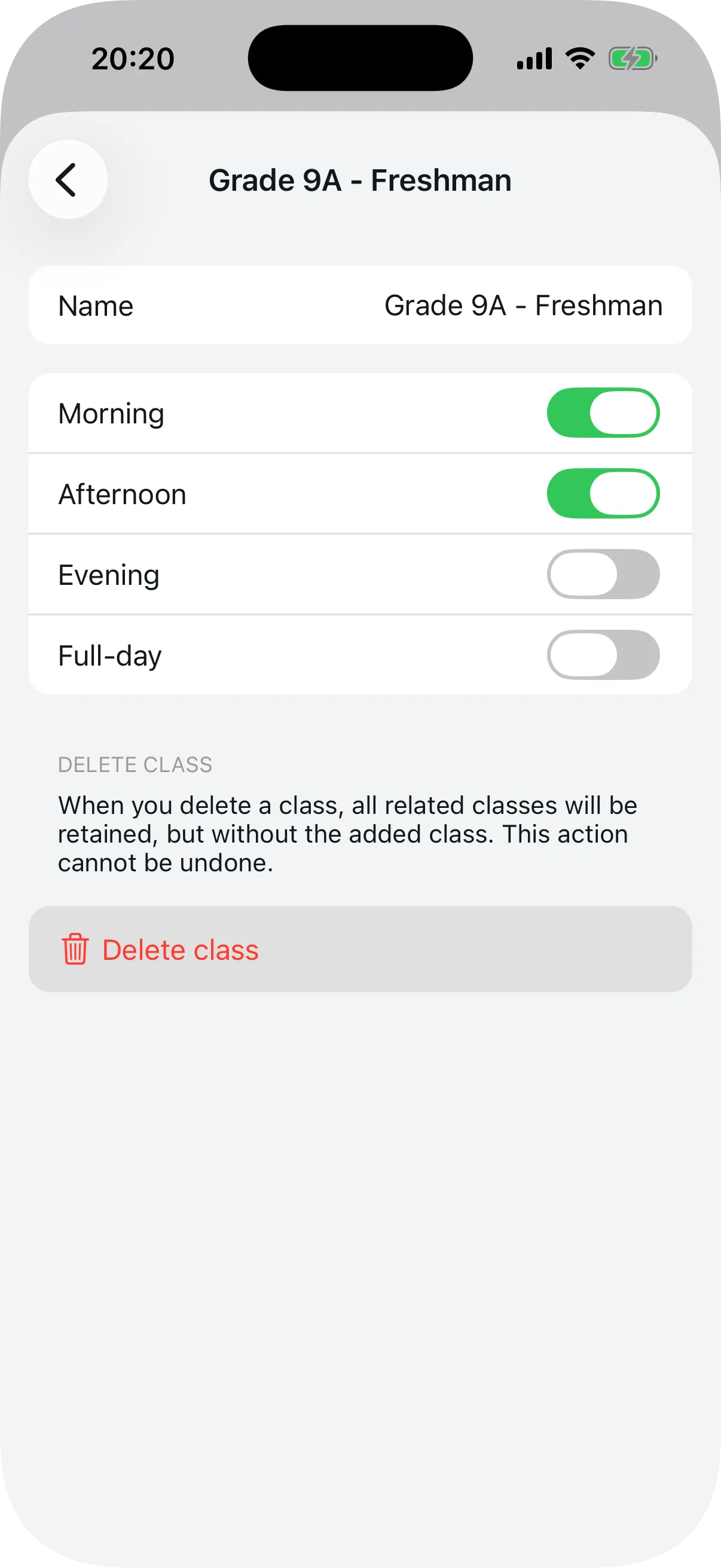 Class detail showing name and selected shifts