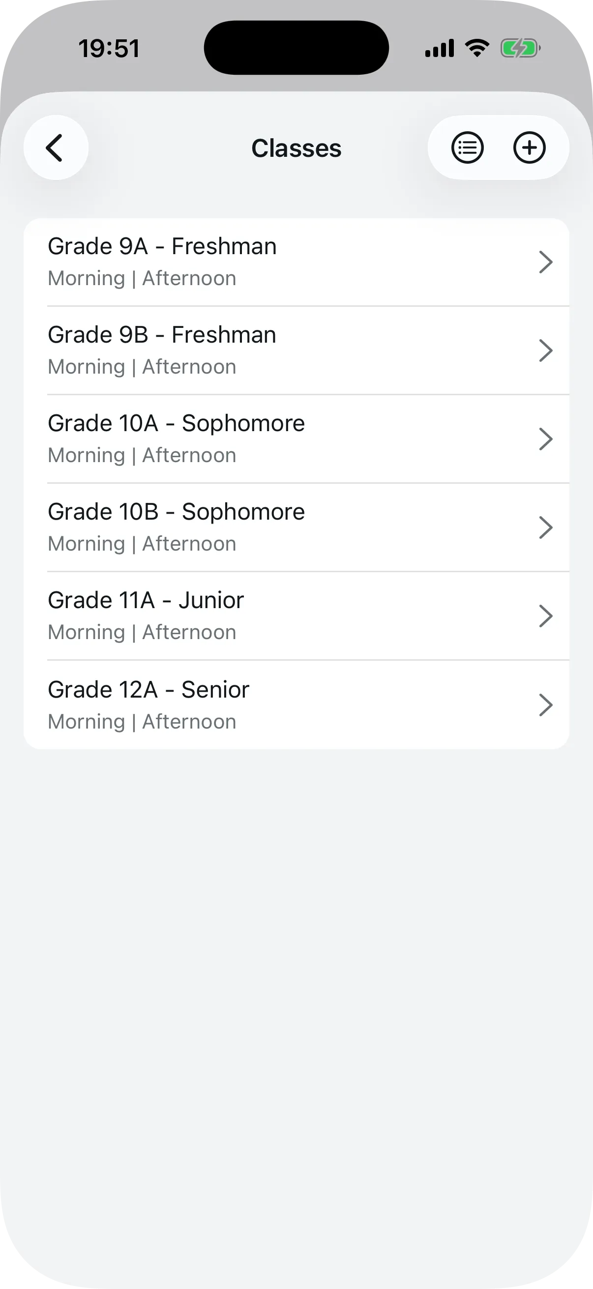 List of classes with shifts assigned to each one