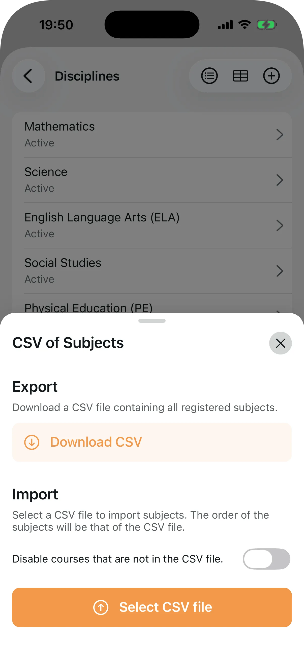 CSV import and export modal for subjects