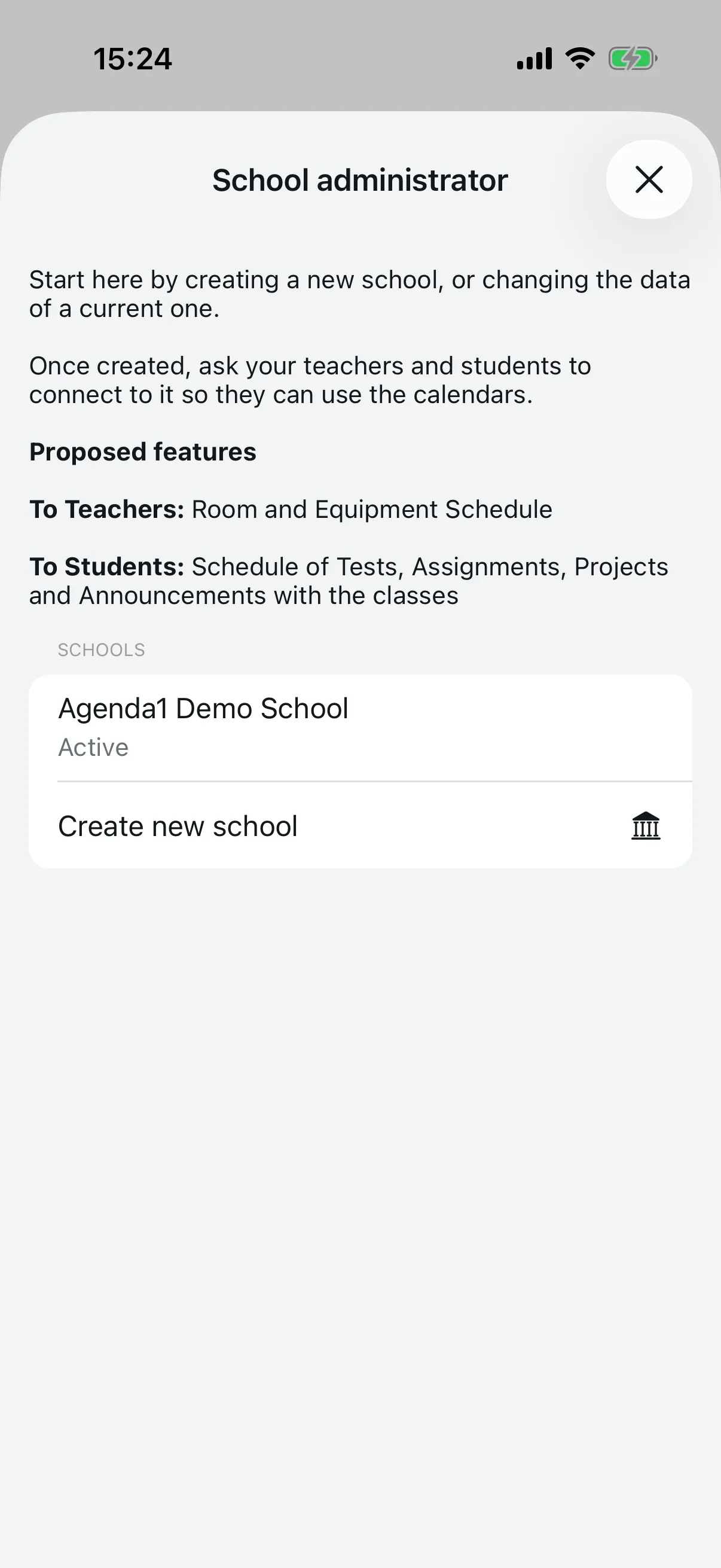 School management screen with option to create a new school