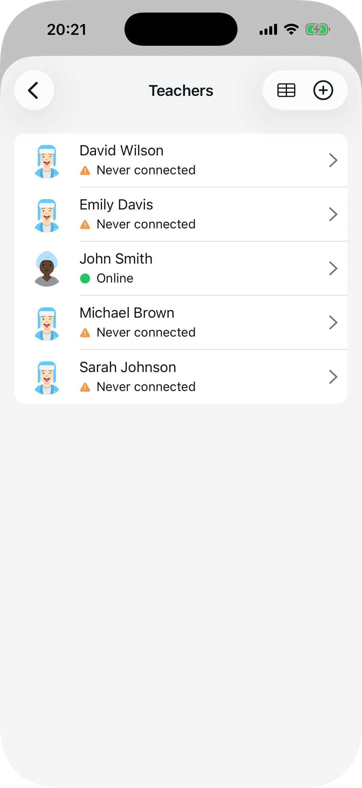 Teacher list with connection status indicators