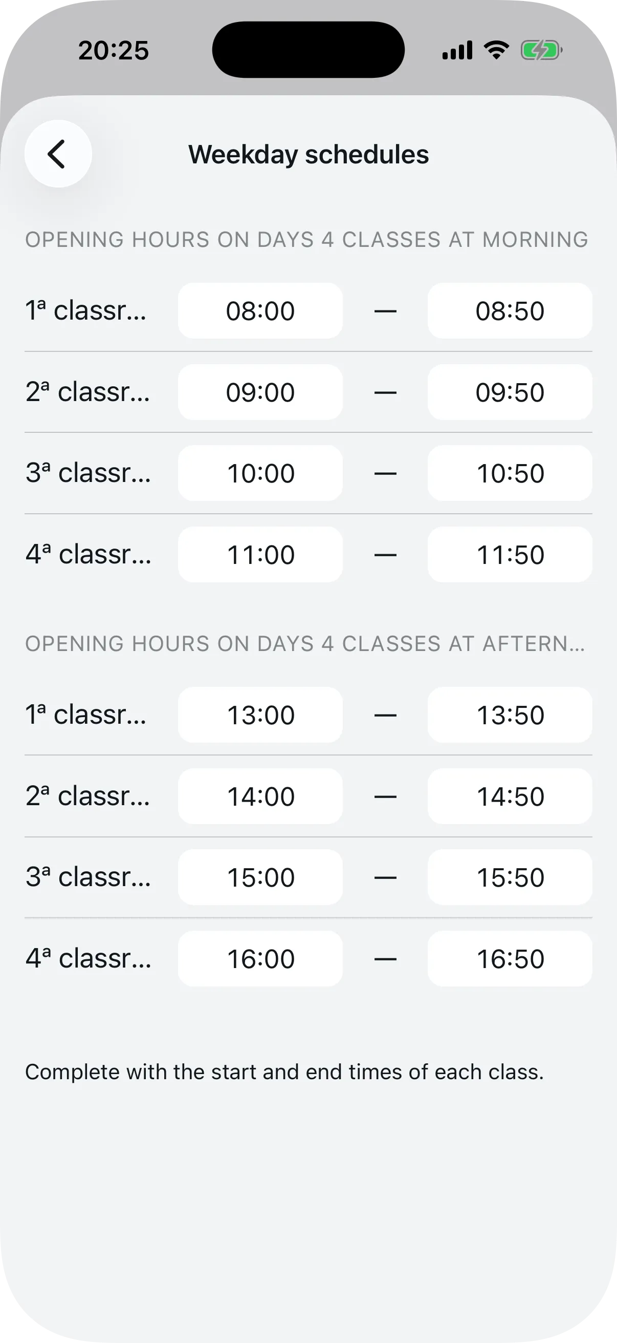 Timetable screen with start and end times for each period