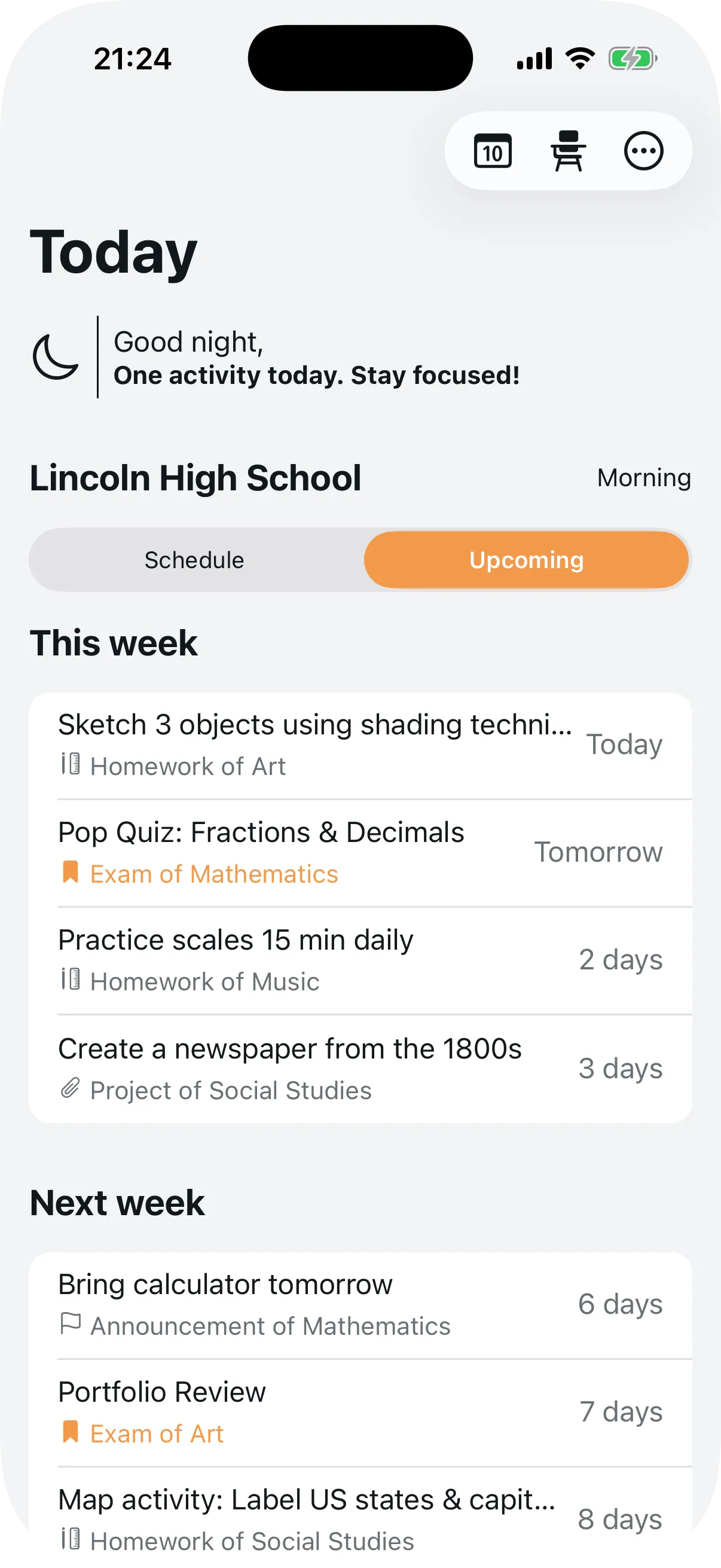 Appointment detail showing title, subject, teacher, and date