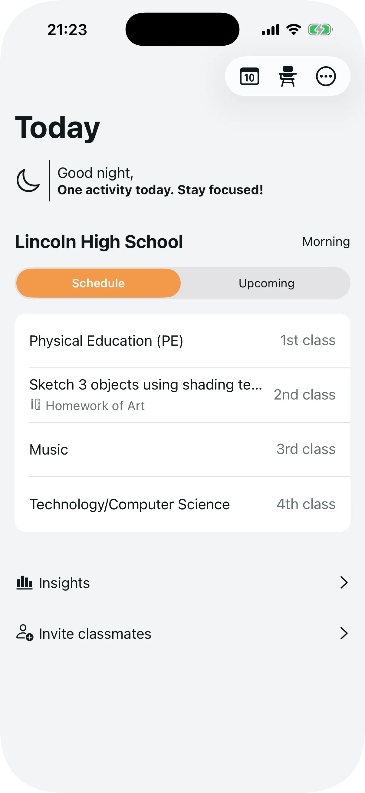 Student panel showing the class schedule with subjects and appointments