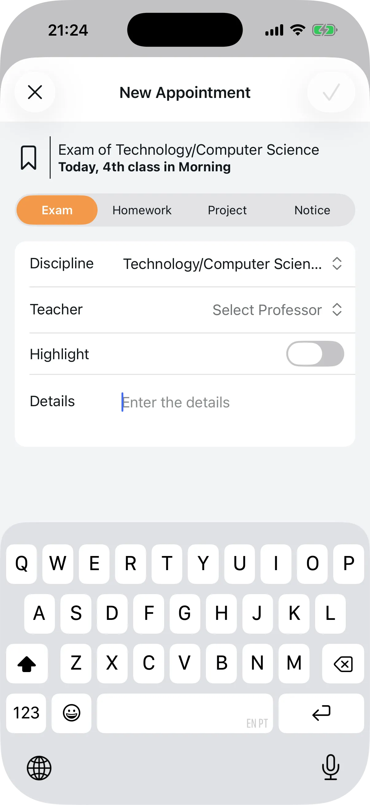 New appointment form with category, subject, teacher, and details