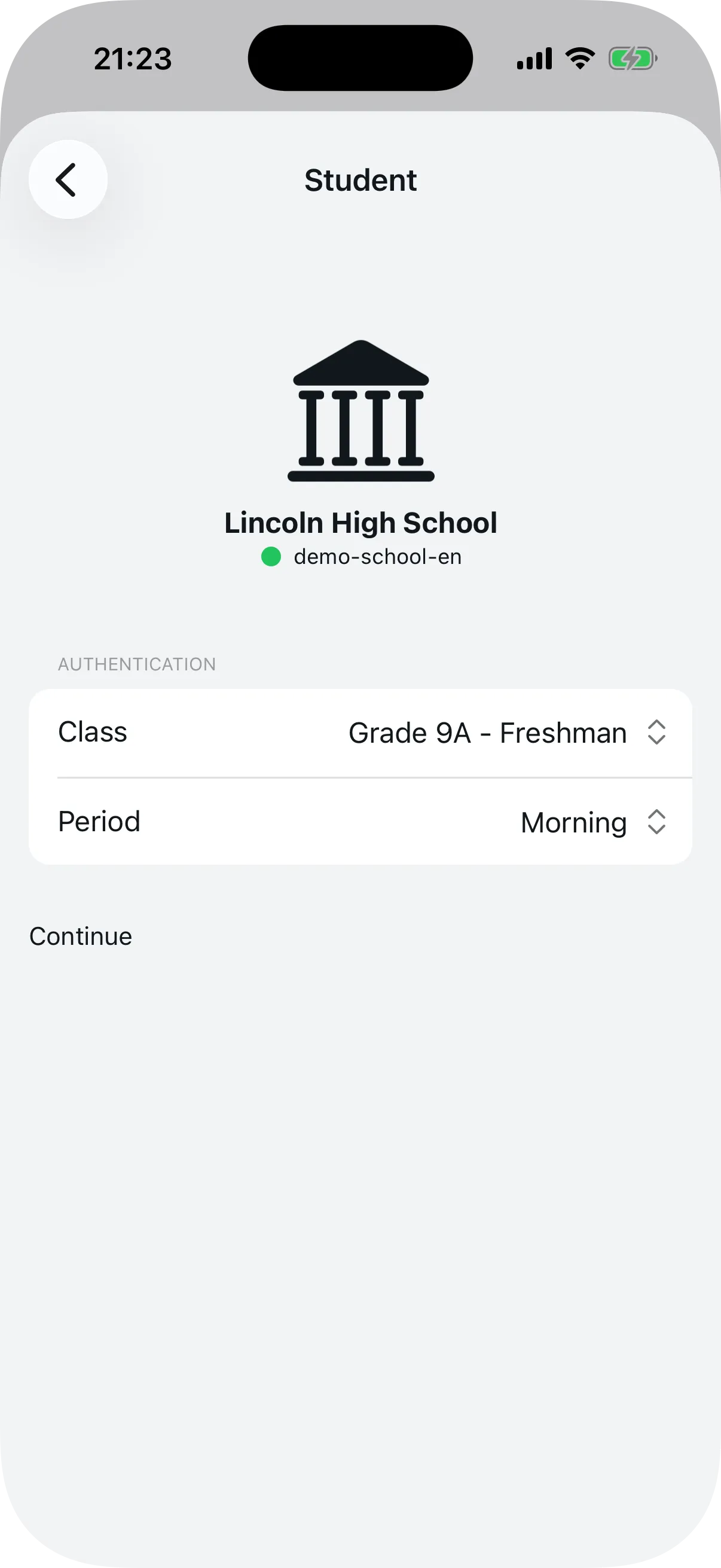 School confirmation screen with class and period selection