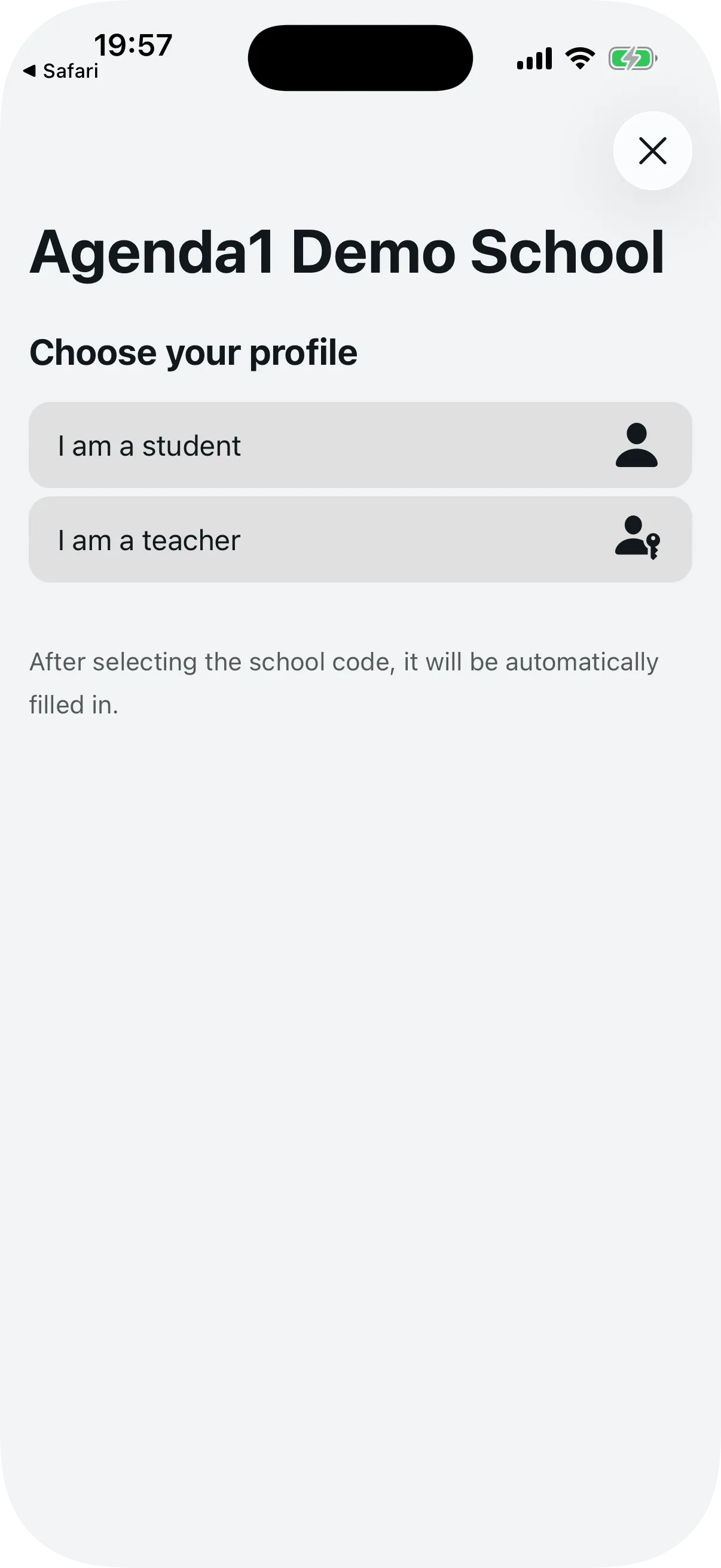 Profile selection after opening the school's invite link