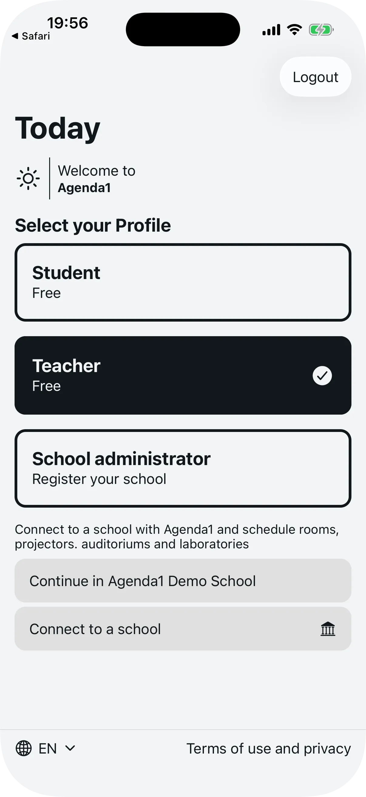 Agenda1 home screen with Teacher profile selected and connection button