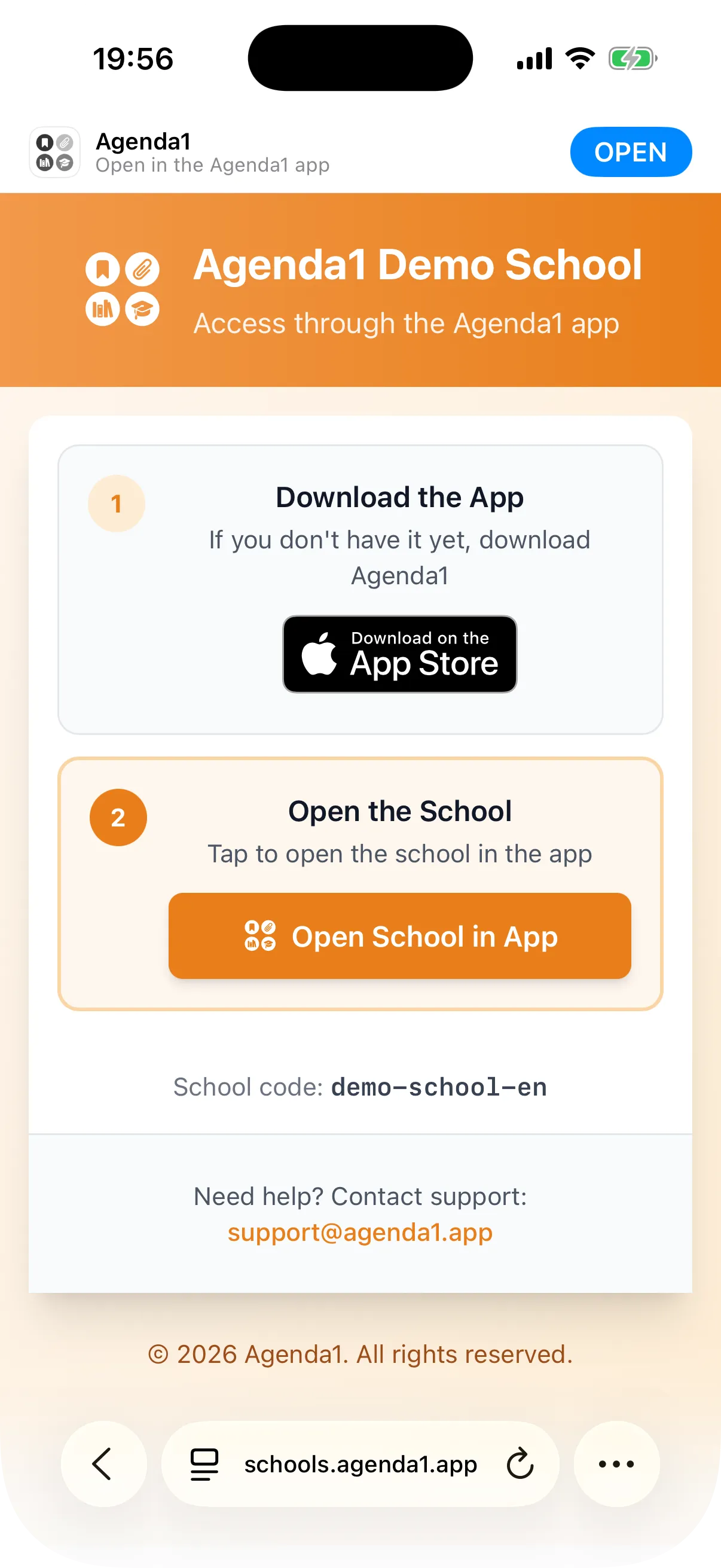 Page schools.agenda1.app in the browser showing the school name and download buttons