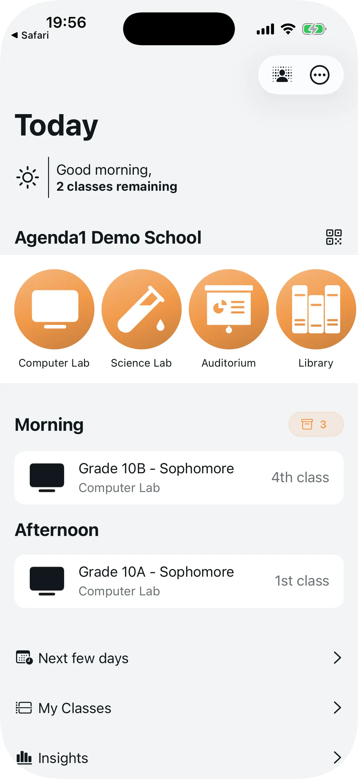 Teacher dashboard after successful connection showing today's bookings