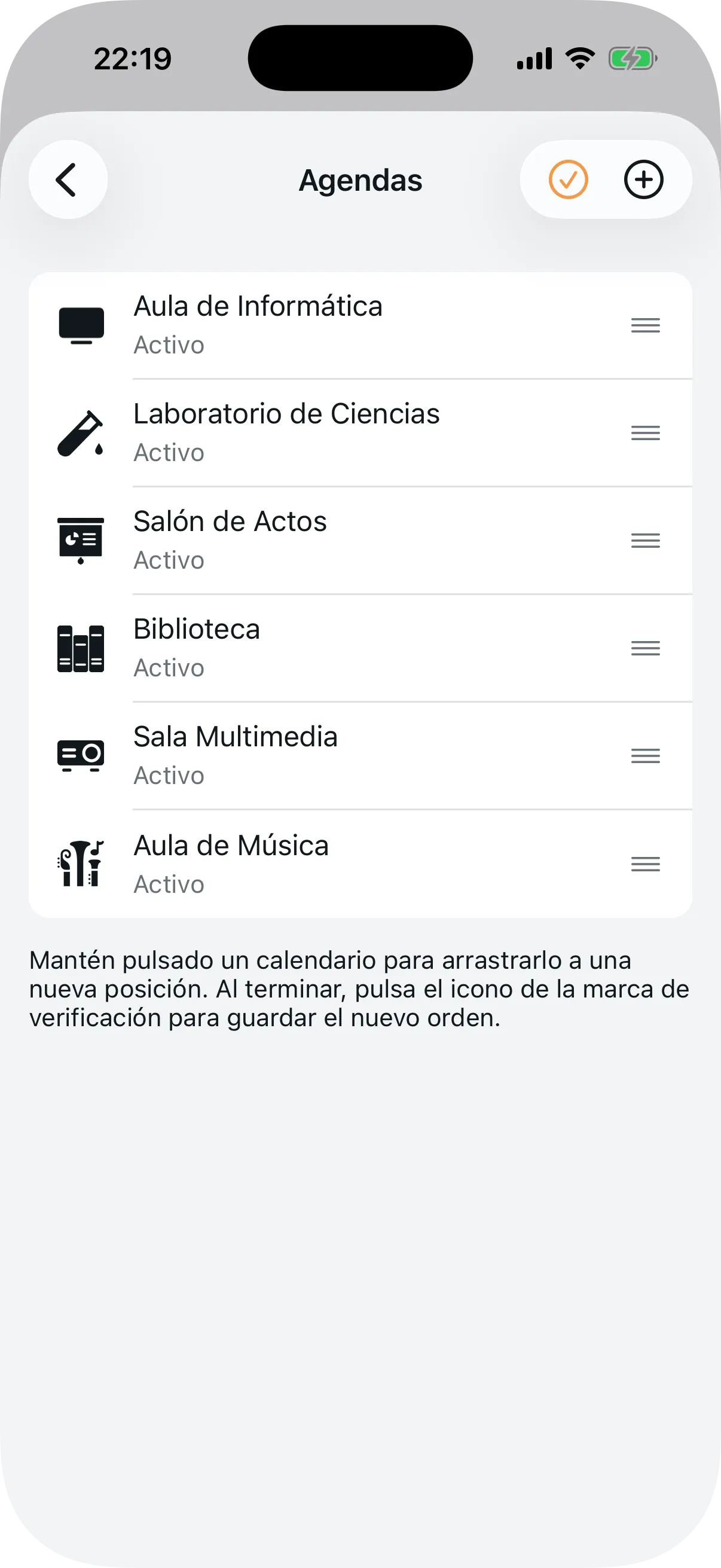 Lista de agendas creadas con iconos y estado