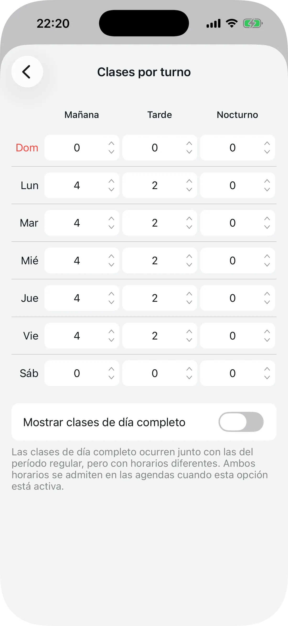 Tabla de clases por turno mostrando días de la semana y columnas de turnos
