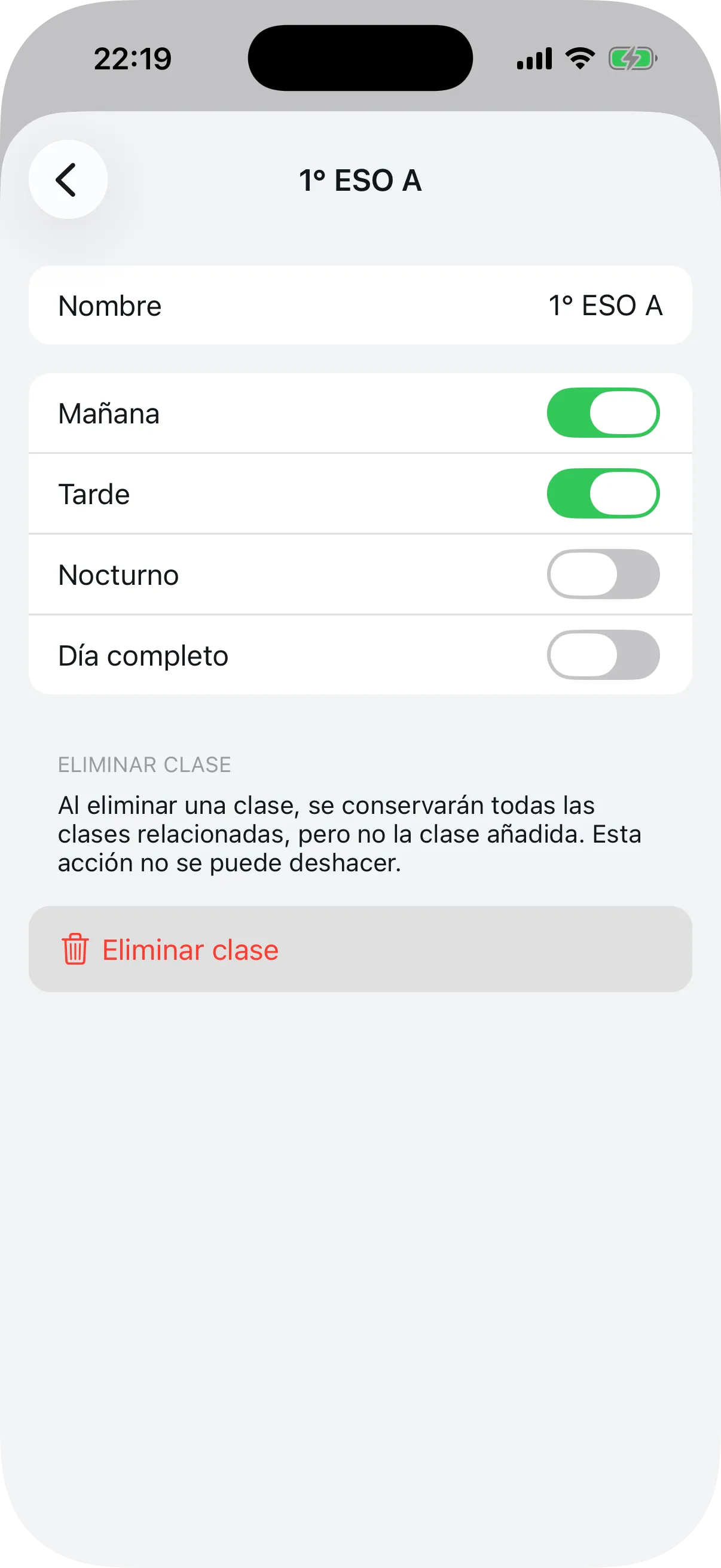 Detalle de una clase con nombre y turnos seleccionados