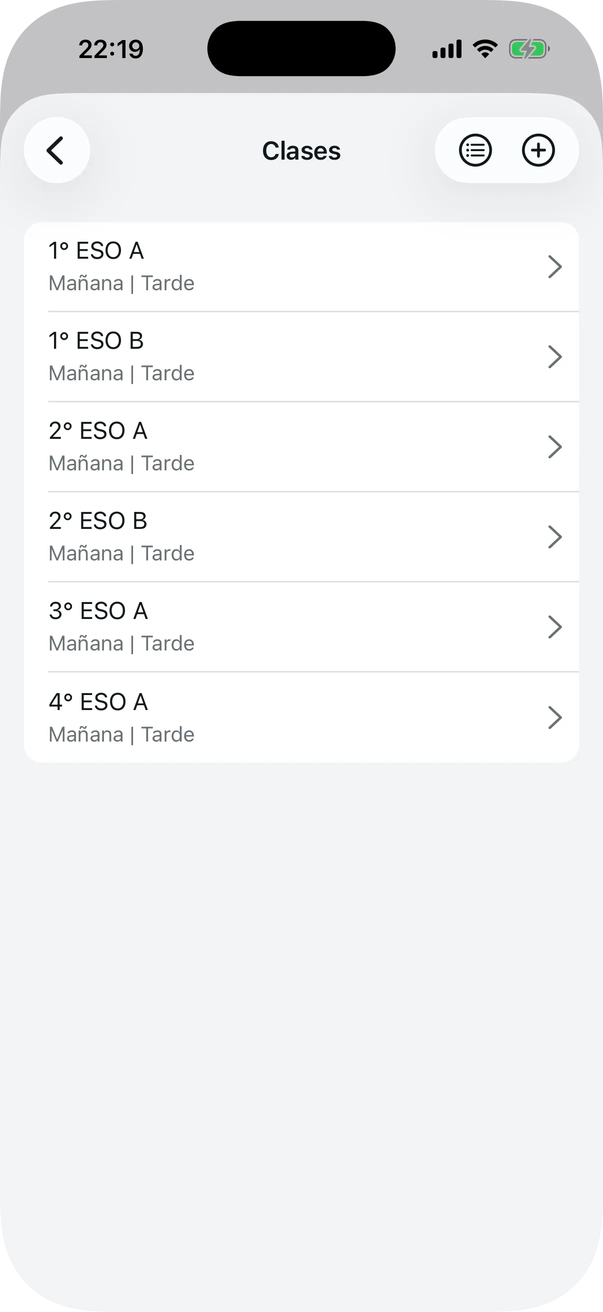 Lista de clases con turnos asignados a cada una