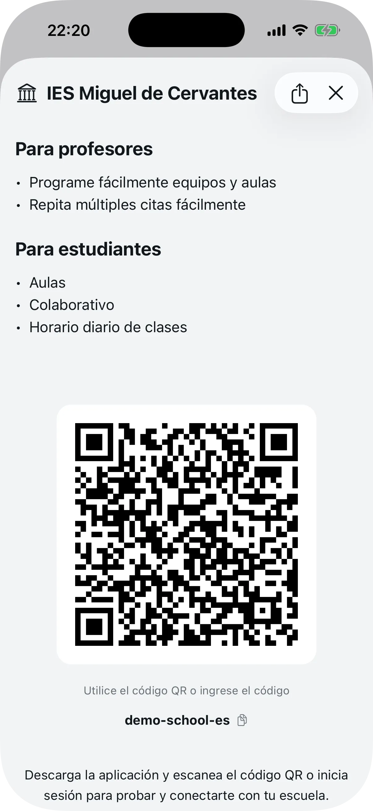 Pantalla con código QR para invitar a profesores y alumnos