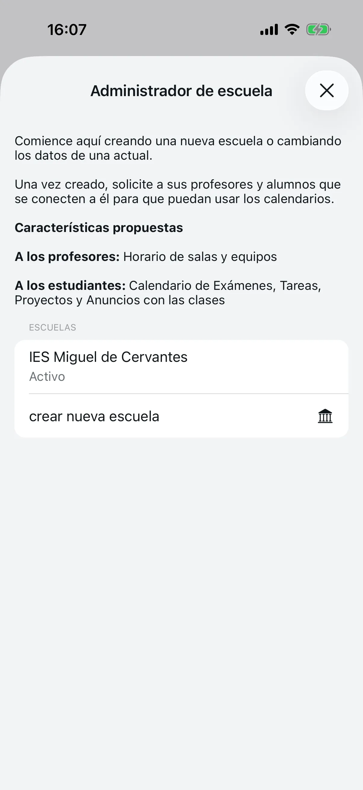 Pantalla de gestión de centros con la opción de crear un nuevo centro