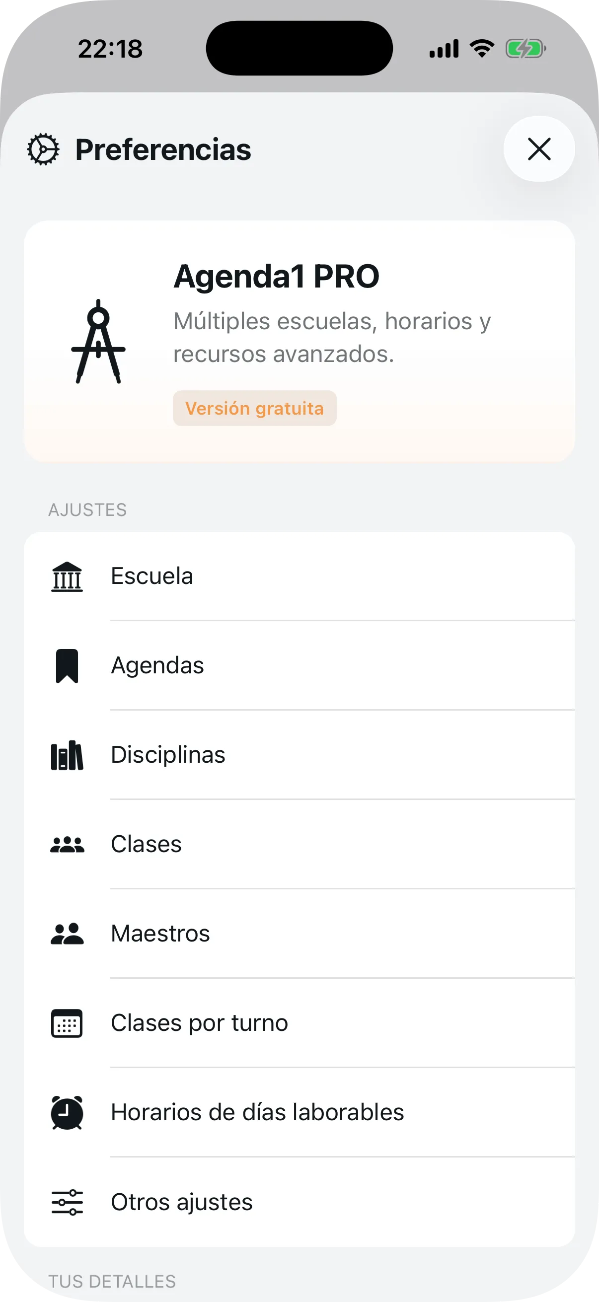 Menú de Preferencias con acceso a todas las opciones de configuración del centro