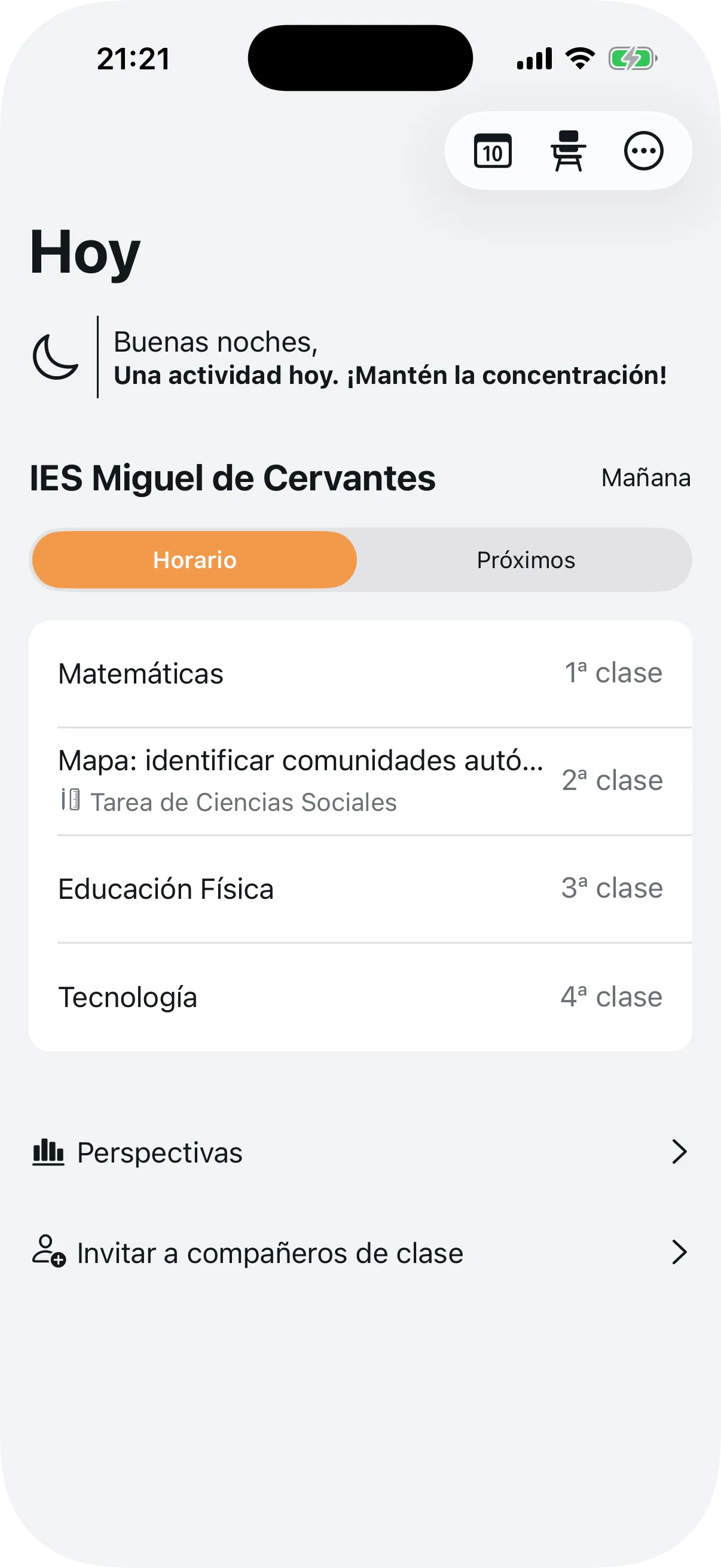 Panel del alumno mostrando el horario de clases del día con disciplinas y programaciones