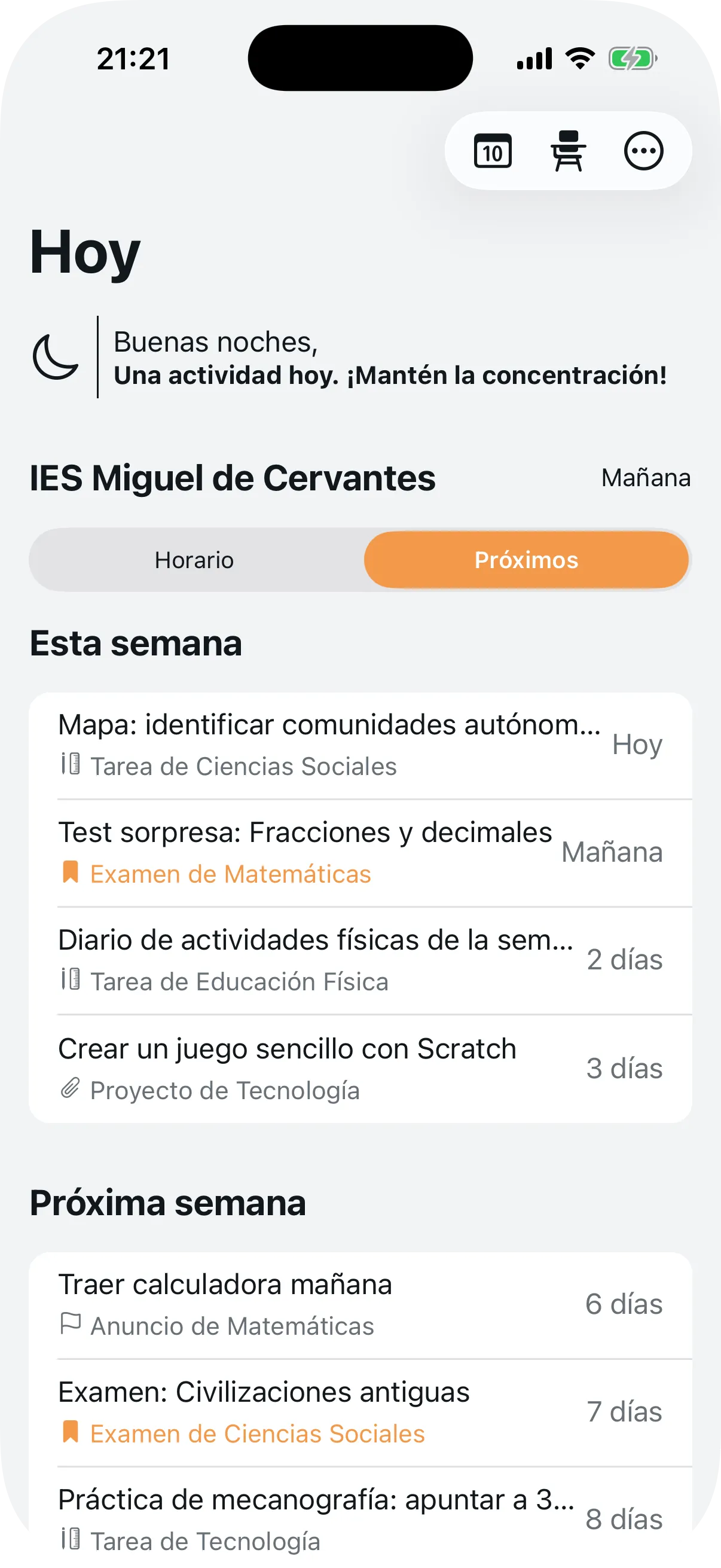 Vista Próximos mostrando programaciones futuras organizadas por semana