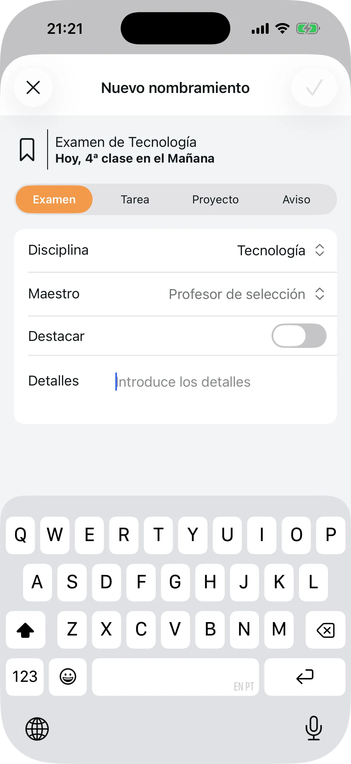 Formulario de nueva programación con categoría, disciplina, maestro y detalles