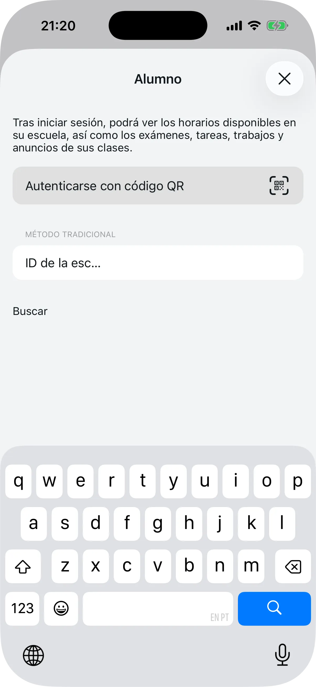 Pantalla de conexión del alumno con opciones de QR Code e ID de la escuela