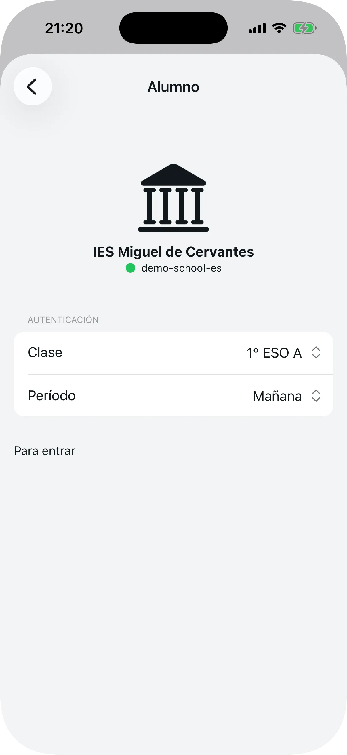 Pantalla de confirmación de la escuela con selección de clase y período