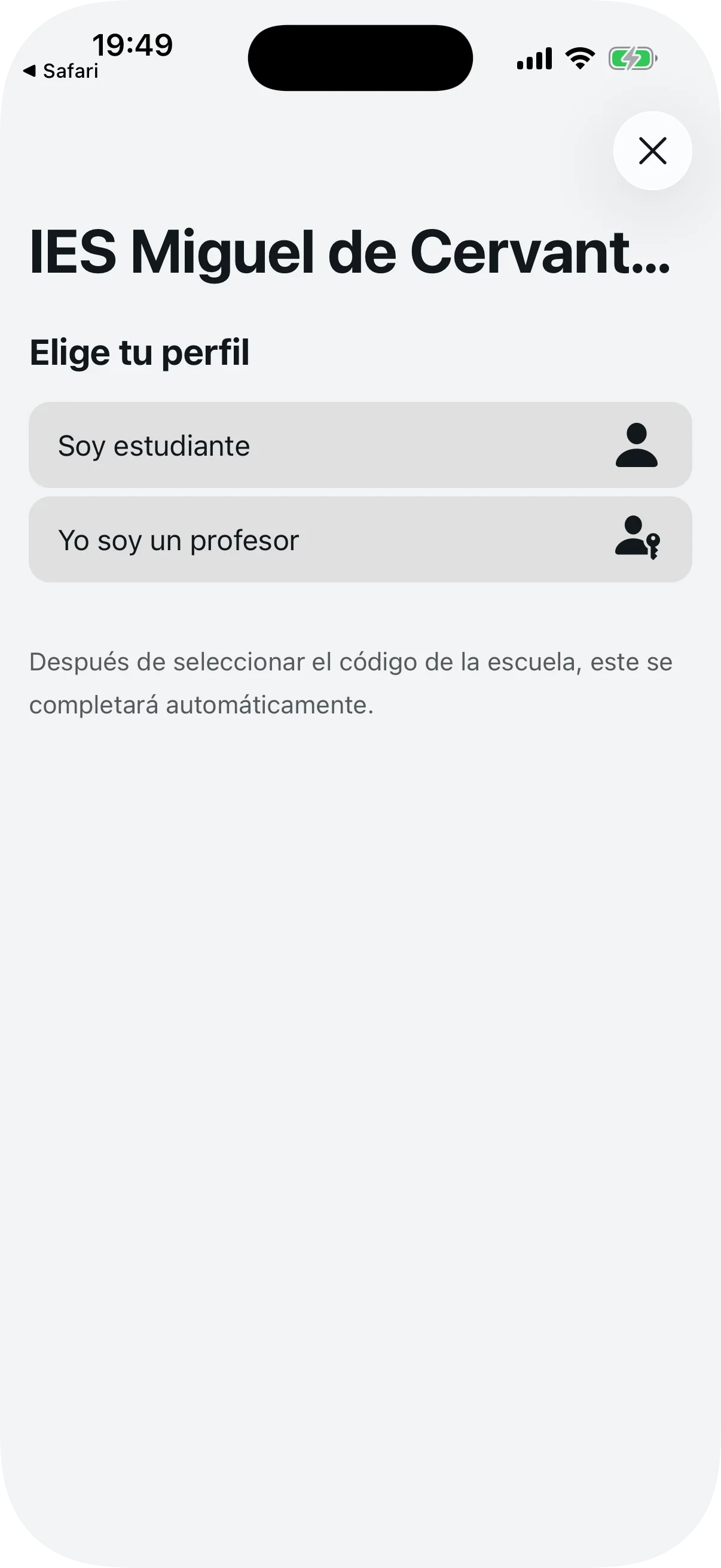 Selección de perfil después de abrir el enlace de invitación del centro