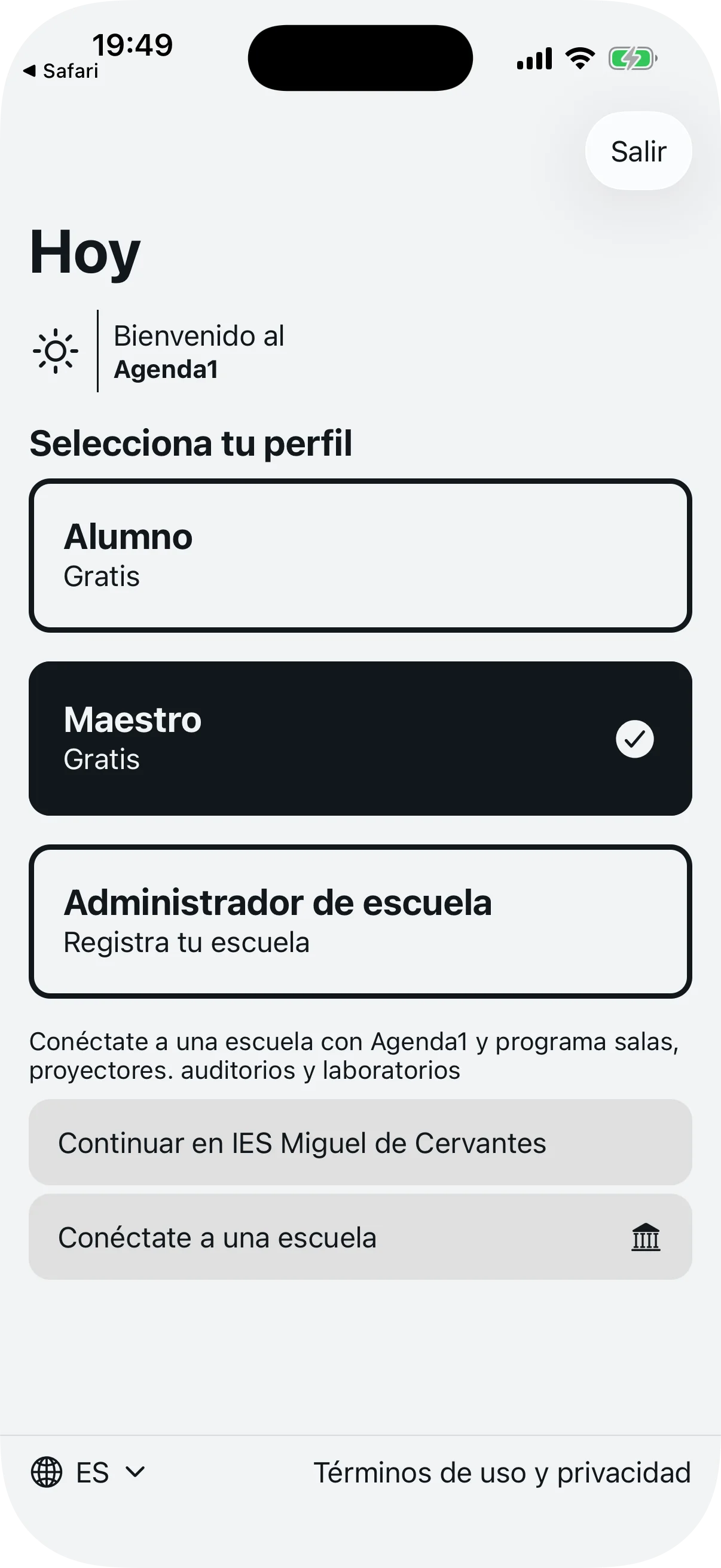 Pantalla de inicio de Agenda1 con el perfil Profesor seleccionado y botón de conexión